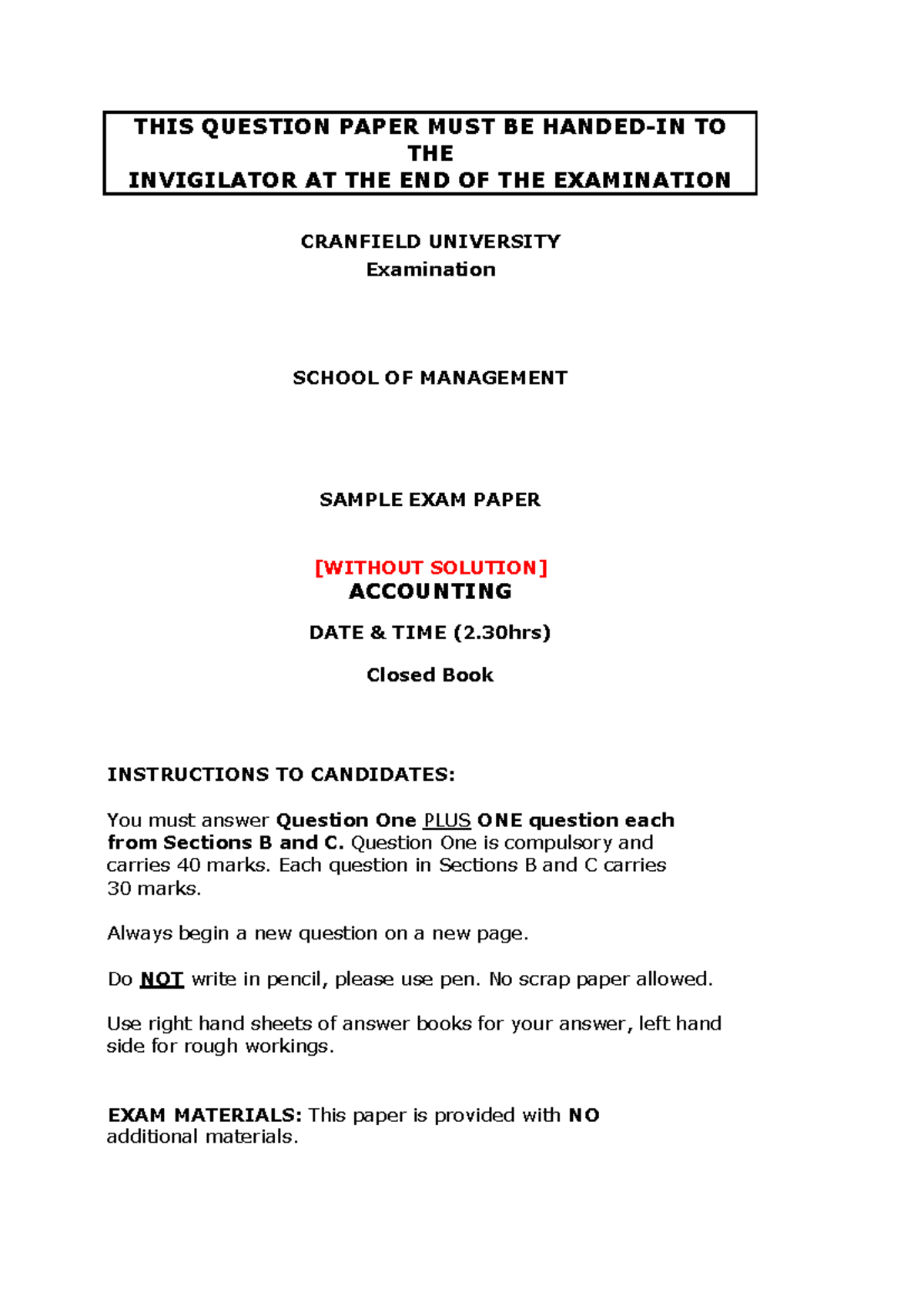 Sample Exam Paper - MSc 2022 - Accounting Examination - Studocu