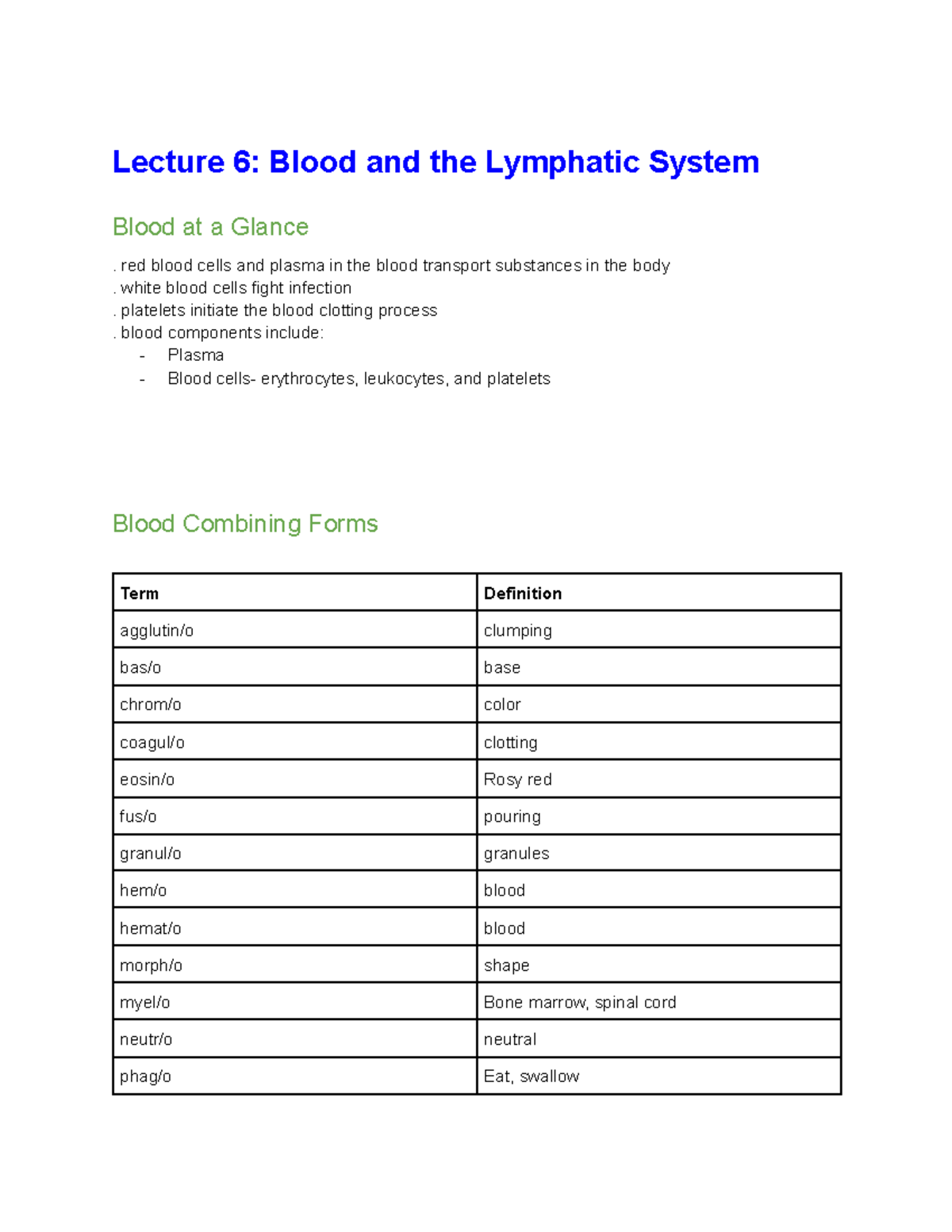 Med Term 6: Comprehensive Overview of Blood & Lymphatic System - Studocu