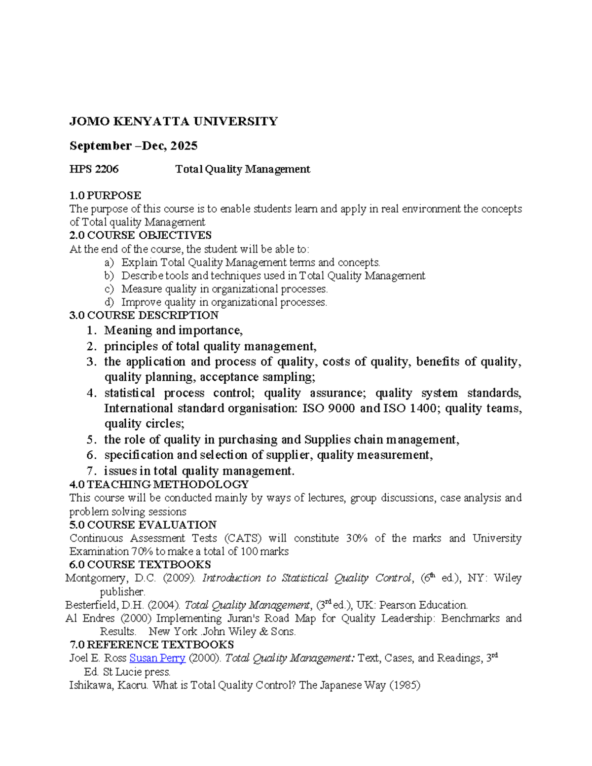 HPS 2206 Total Quality Management Course Notes - September 2025 - Studocu