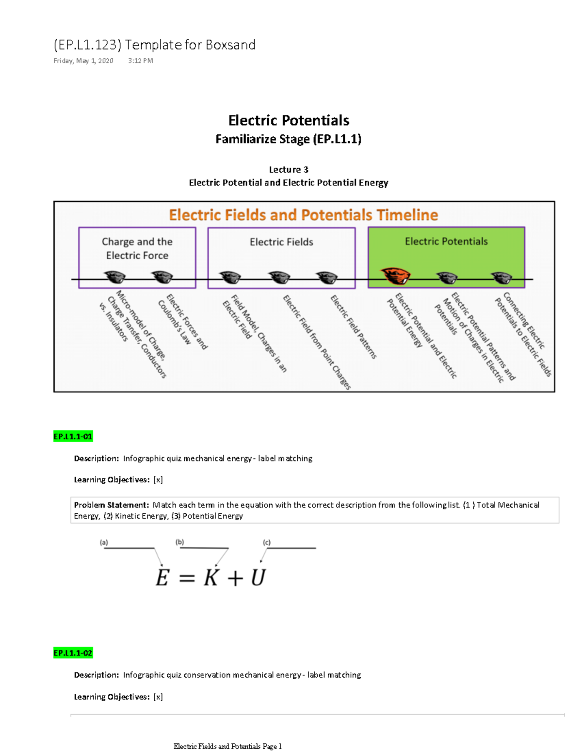 EP.L1 Lecture Notes: Understanding Electric Potential Energy Concepts ...