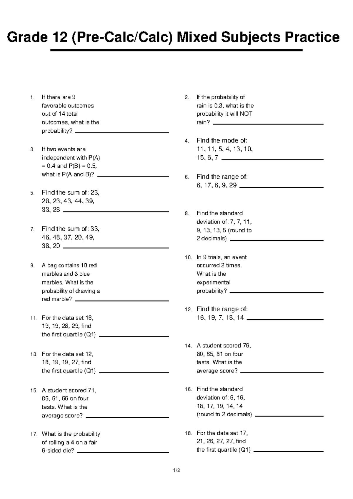 Grade 12 (Calc) Mixed Subjects Practice 1: Probability & Statistics ...