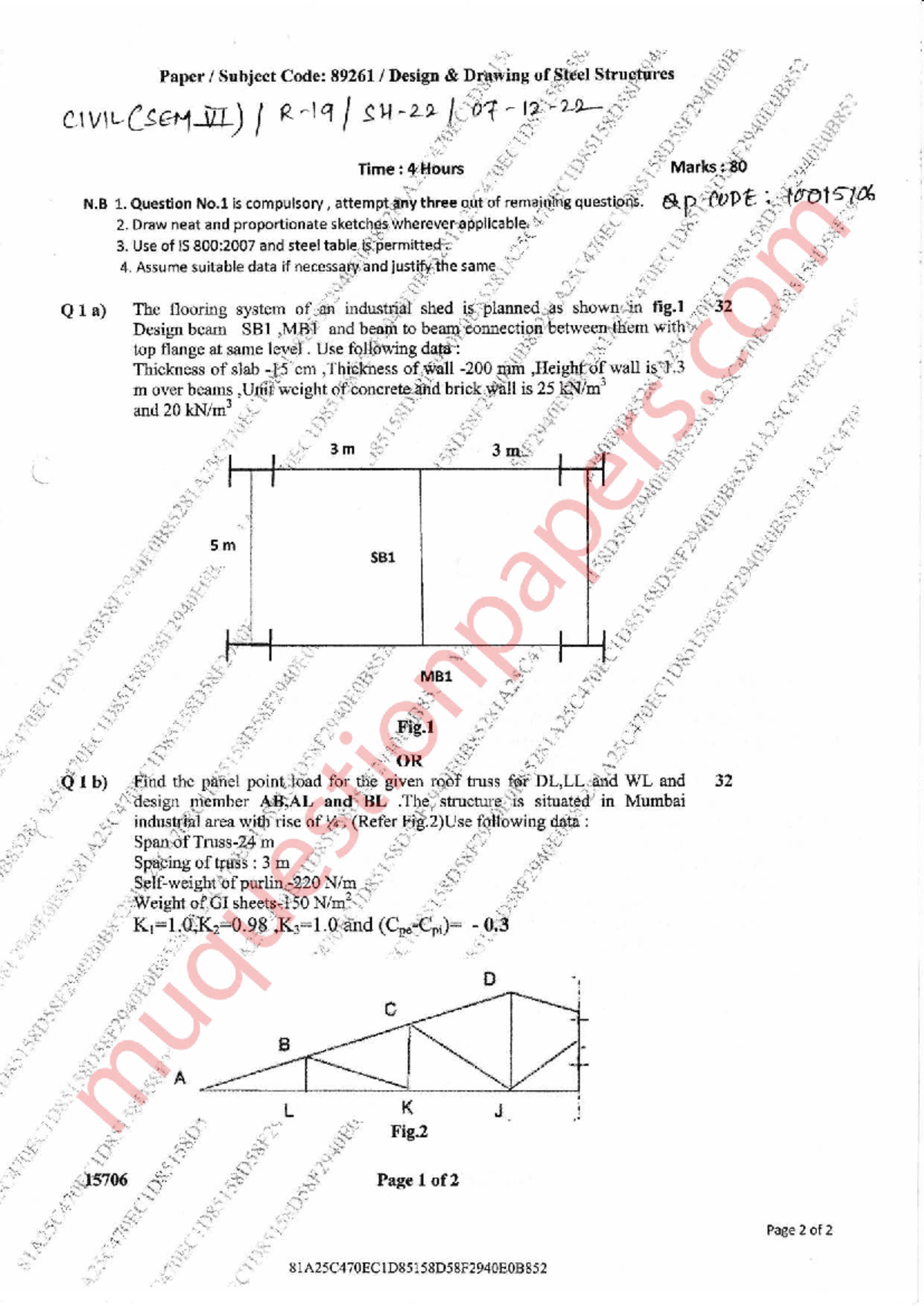 CIVIL 89261 Design Drawing of Steel Structures - SEM VI Exam QP - Studocu