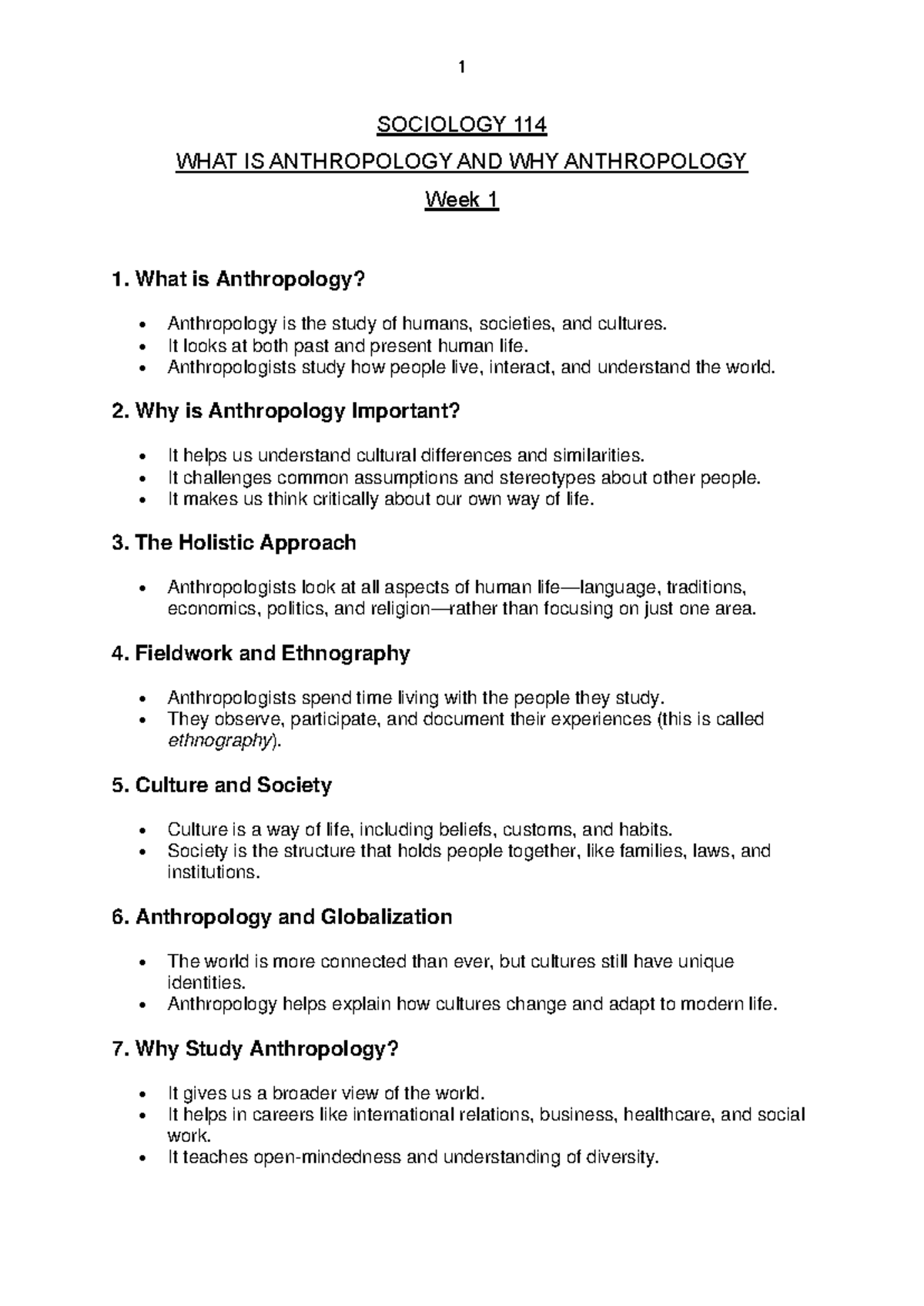 Sociology 114: Understanding Anthropology and Its Importance (Week 1 ...