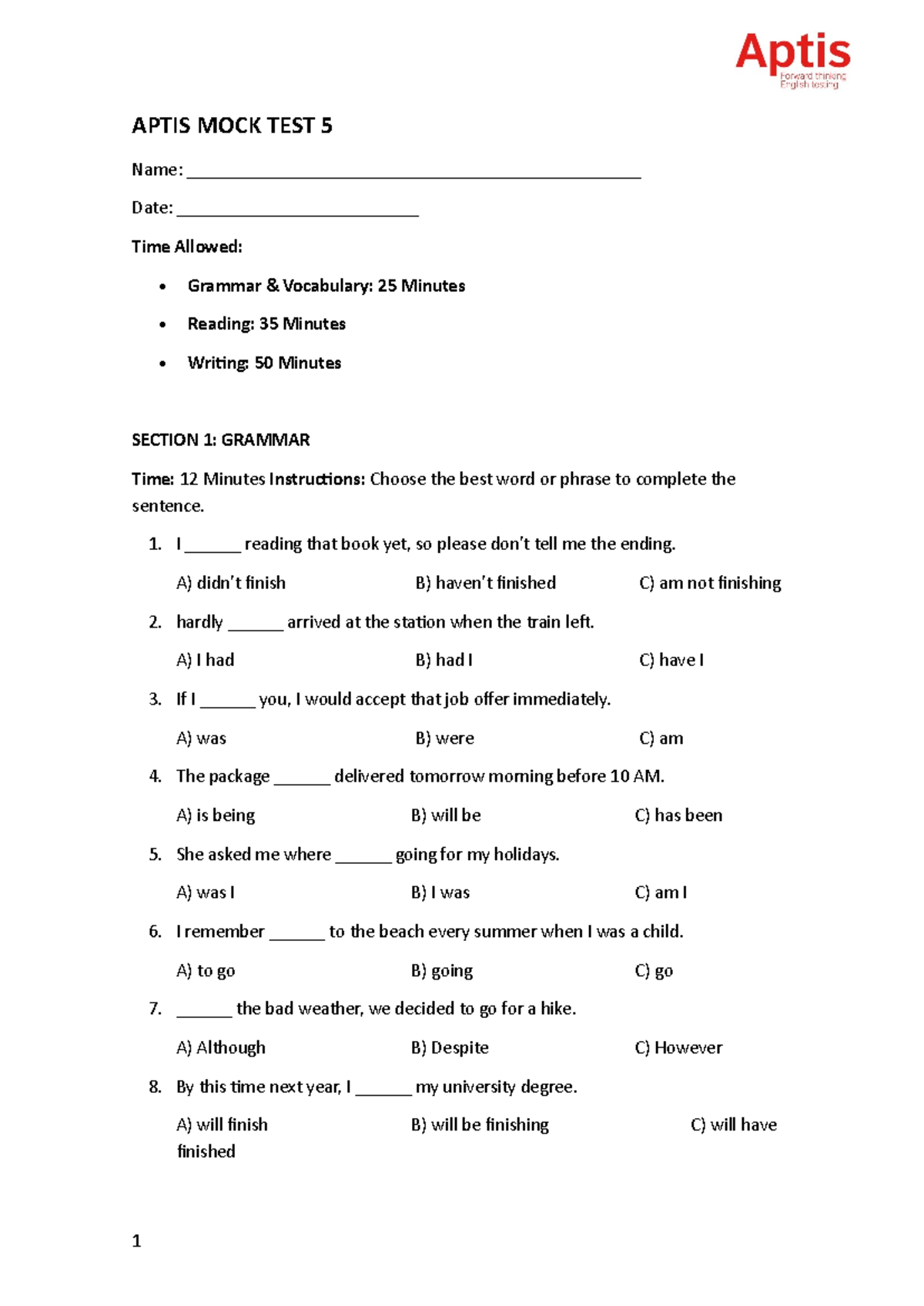 APTIS MOCK TEST 5: Grammar, Vocabulary, and Reading Practice - Studocu