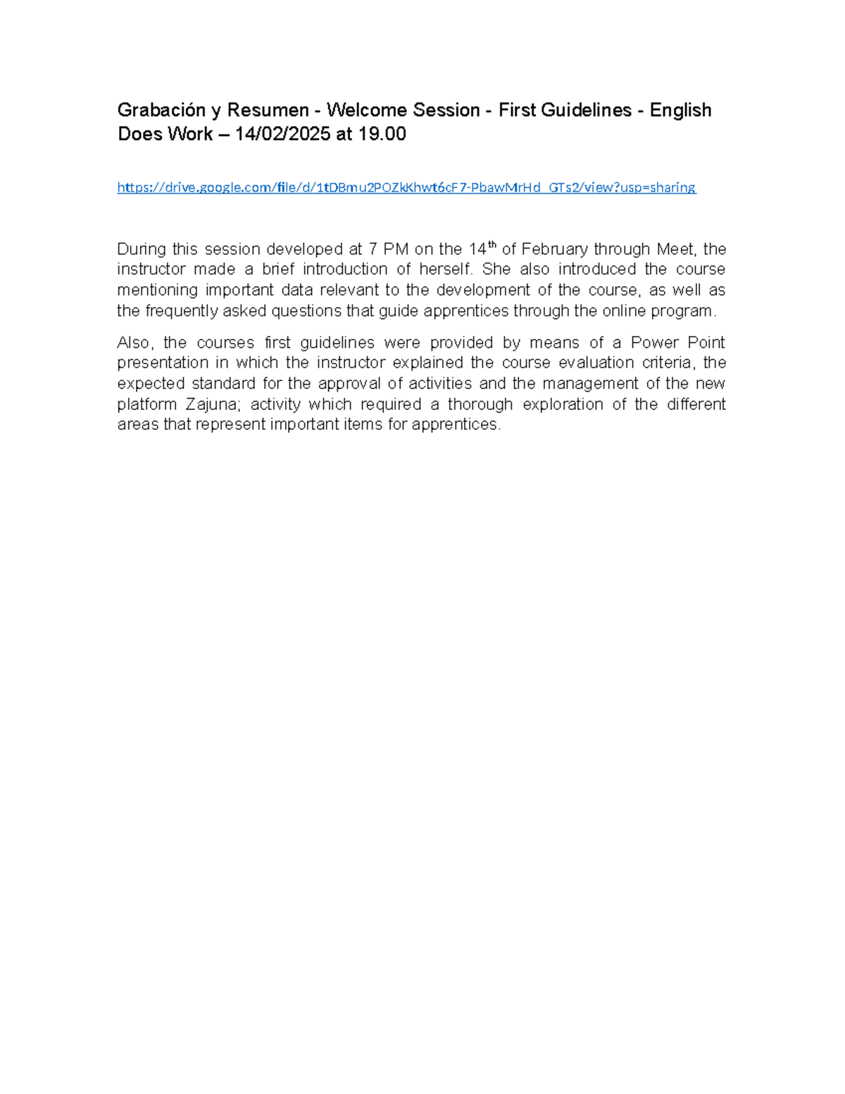 Summary Welcome Session - First Guidelines - English Does Work - 2025 ...