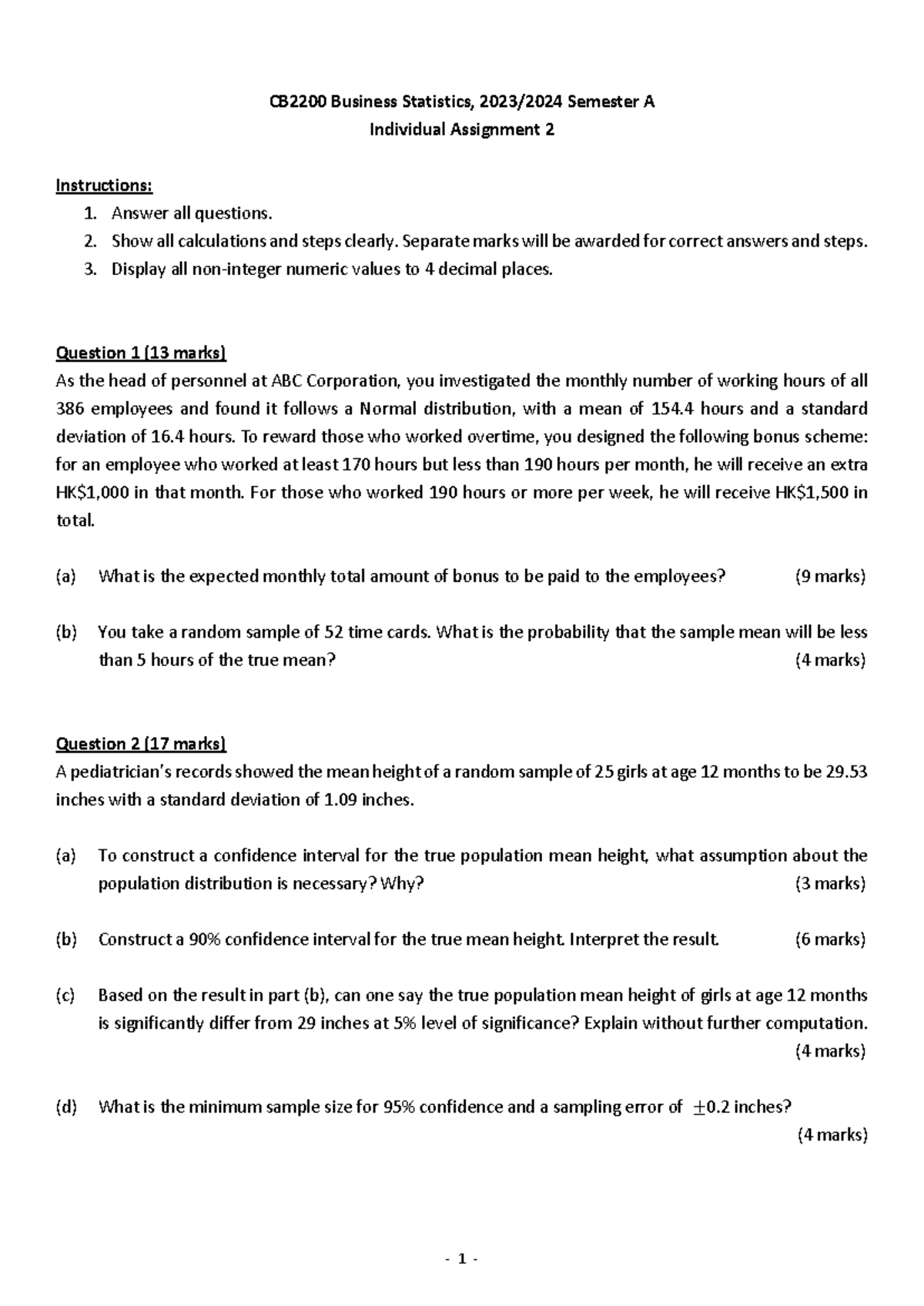 Assignment 2 Questions - ‐ 1 ‐ CB2200 Business Statistics, 2023/2024 ...