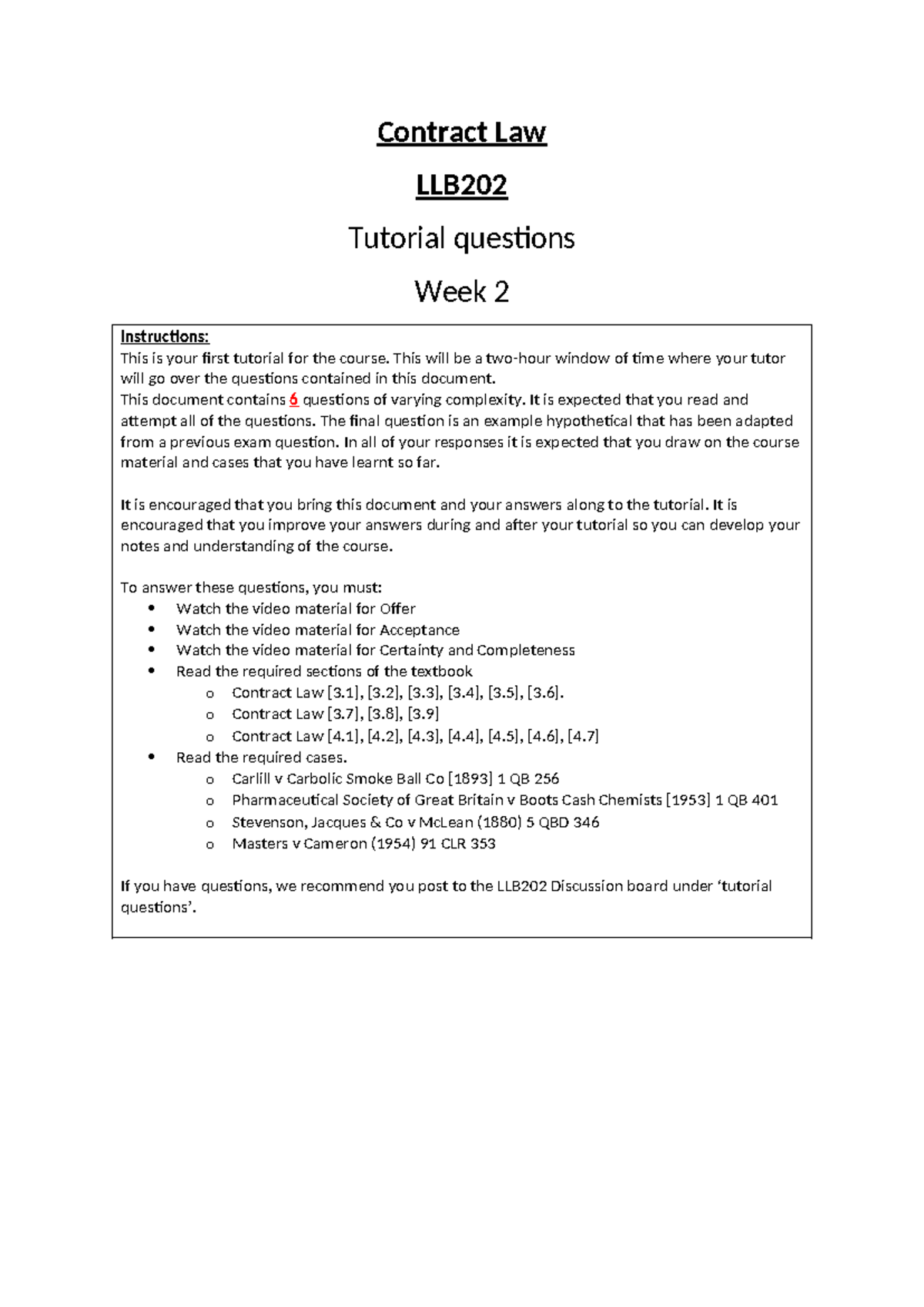 Contract Law LLB202 Tutorial Questions - Week 2 Guide - Studocu