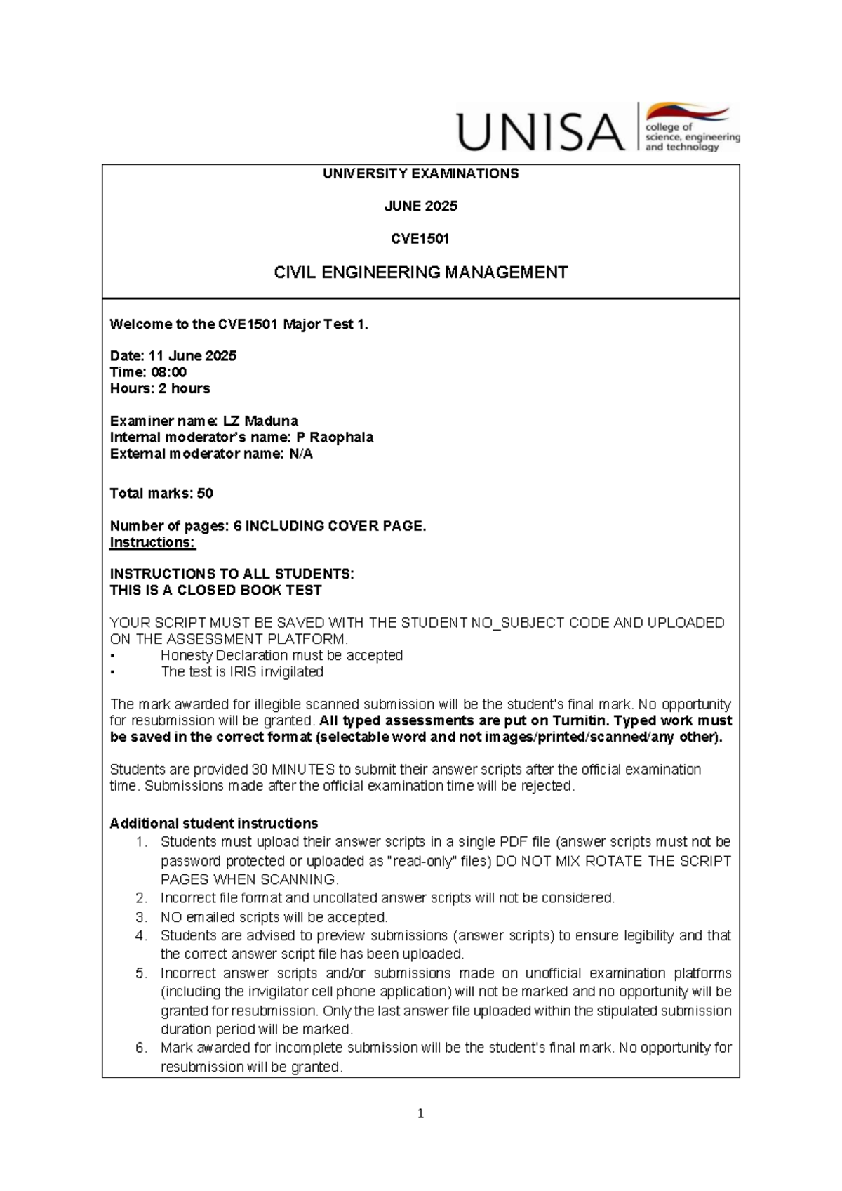 CVE1501 Major Test 1: Civil Engineering Management Guidelines ...