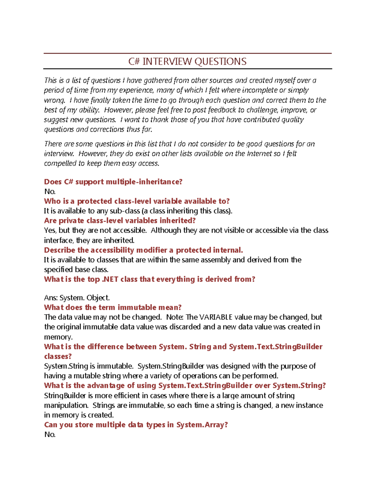C# Interview Questions Compilation - Reference Guide for Candidates ...