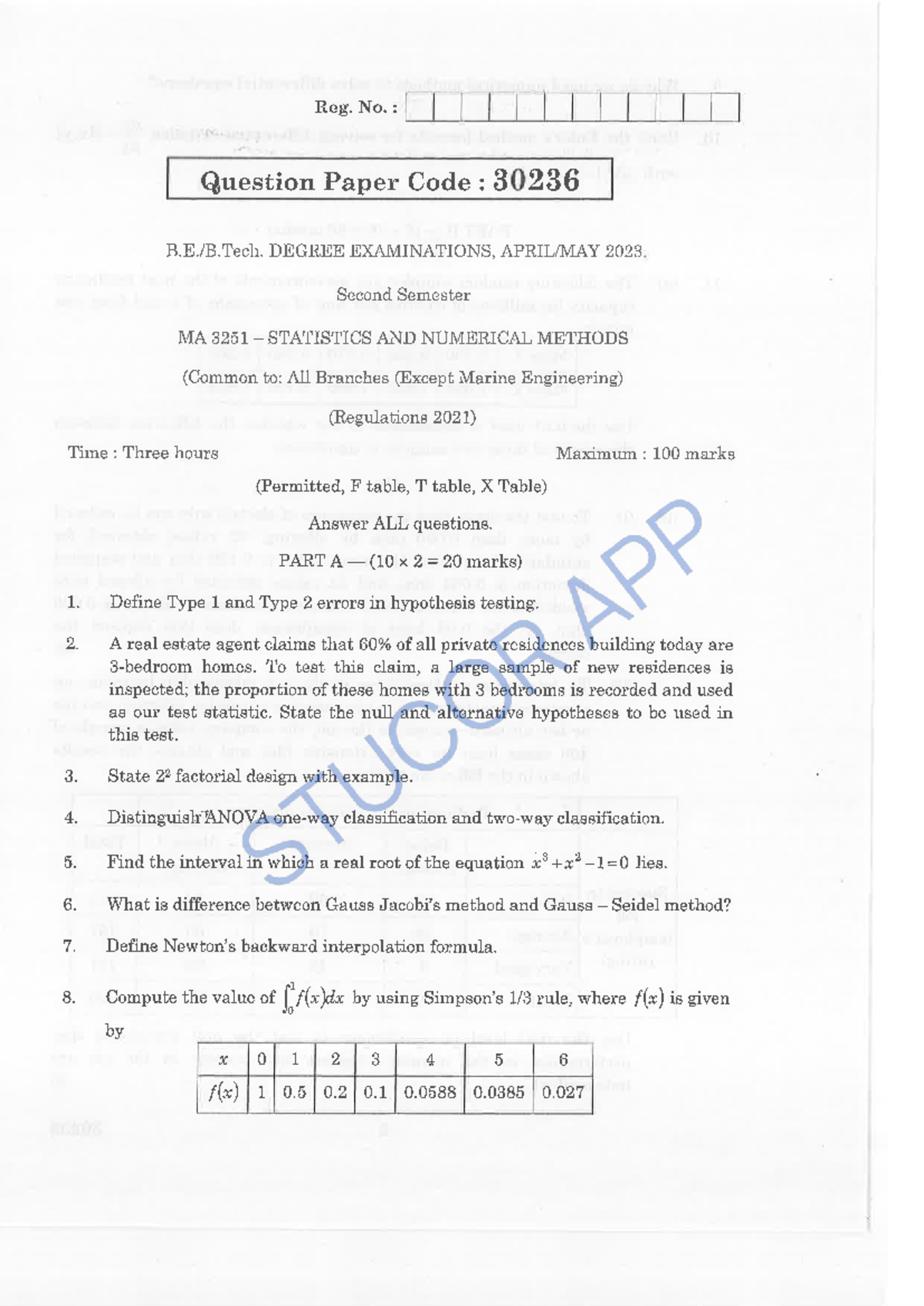 Stucor Question Paper MA 3251 Statistics & Numerical Methods 2023 - Studocu