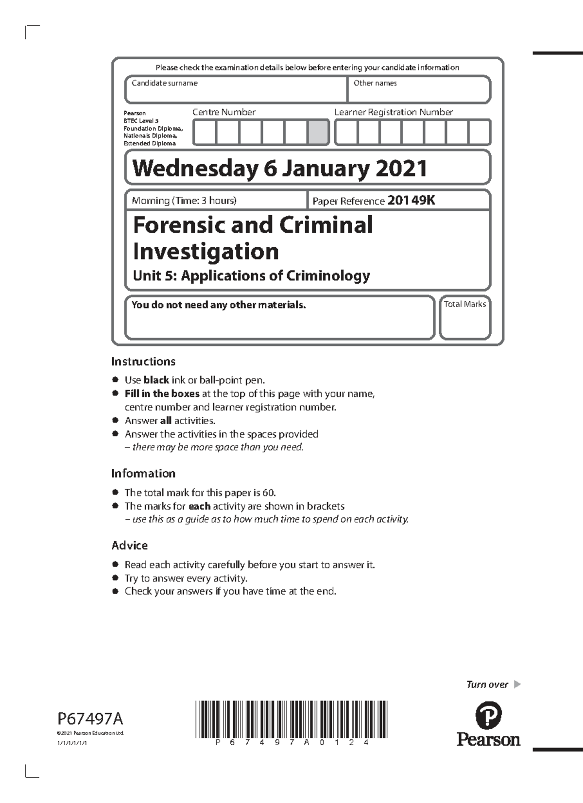Unit 5 QP Jan 21: Forensic & Criminal Investigation Exam Details - Studocu