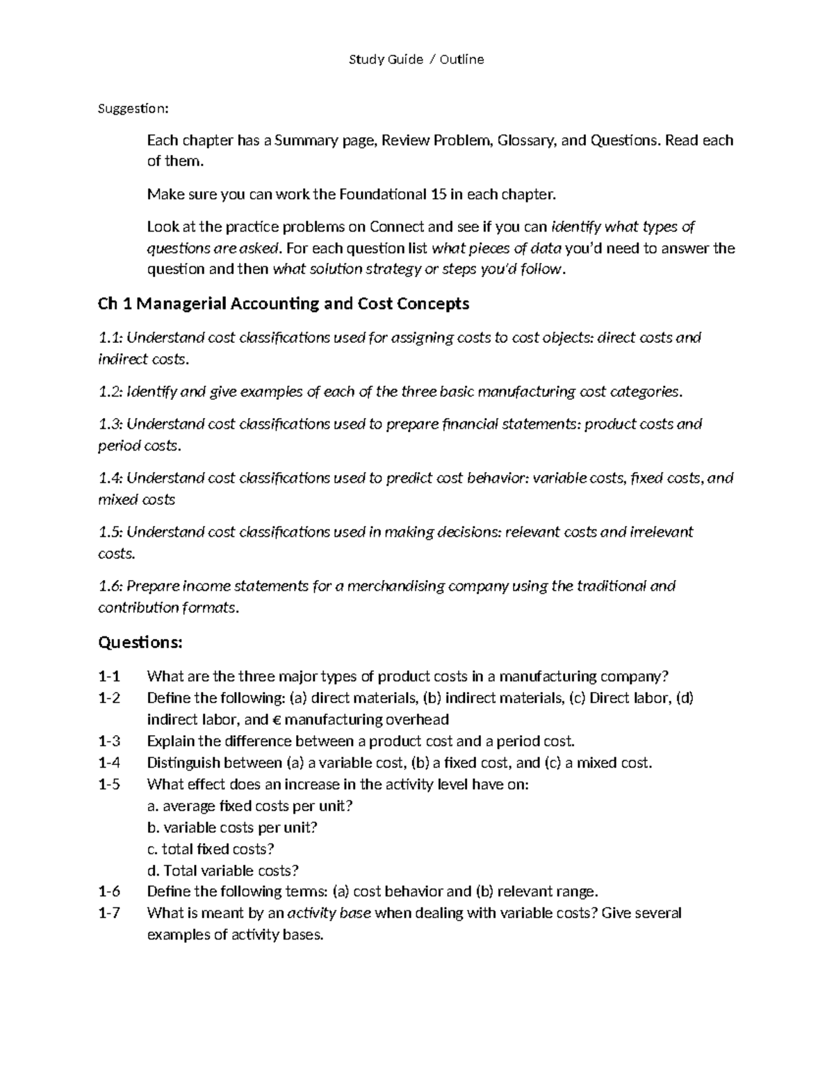 Managerial Accounting Study Guide: Key Concepts & Review Questions ...