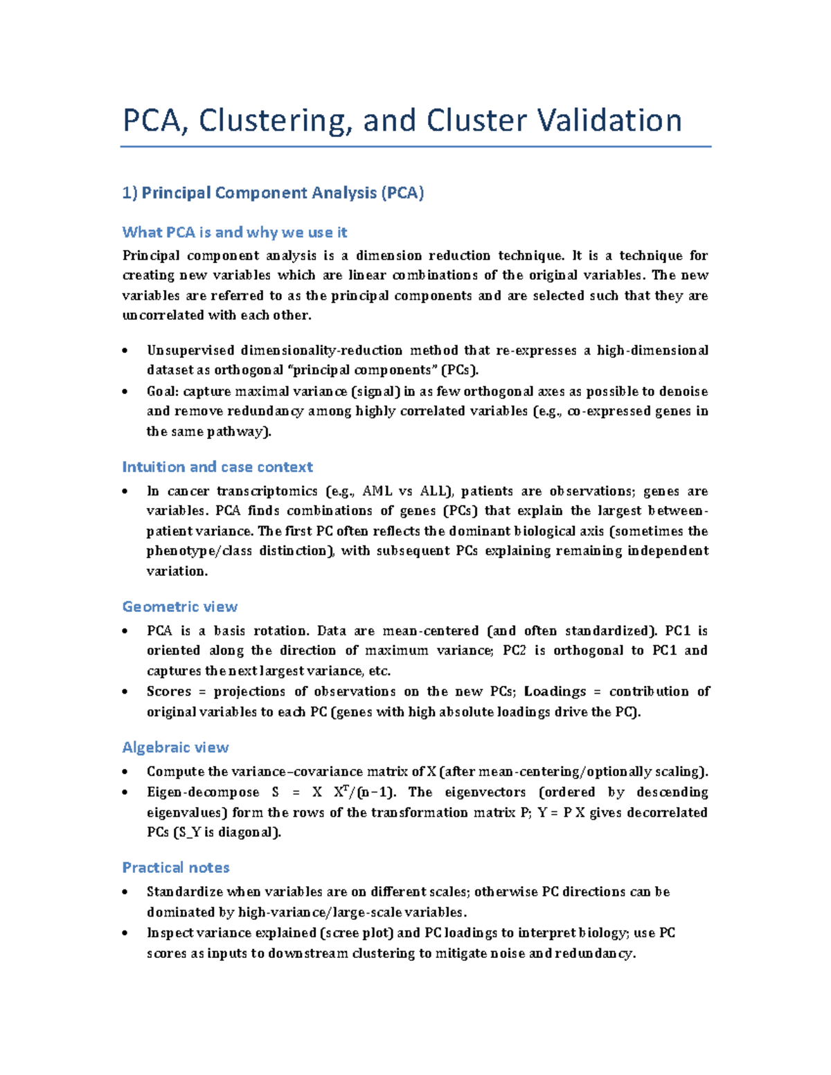 PCA, Clustering, and Cluster Validation: A Comprehensive Overview - Studocu