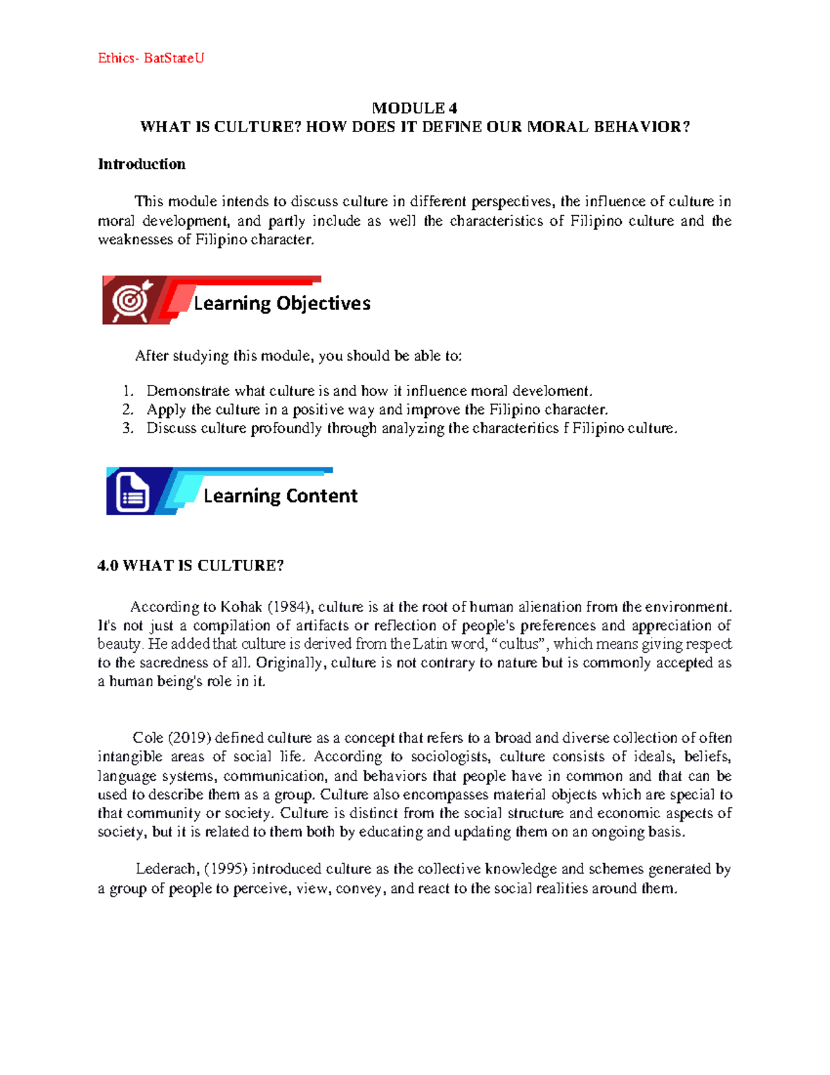BatStateU Module 4: Culture's Role in Defining Moral Behavior - Studocu