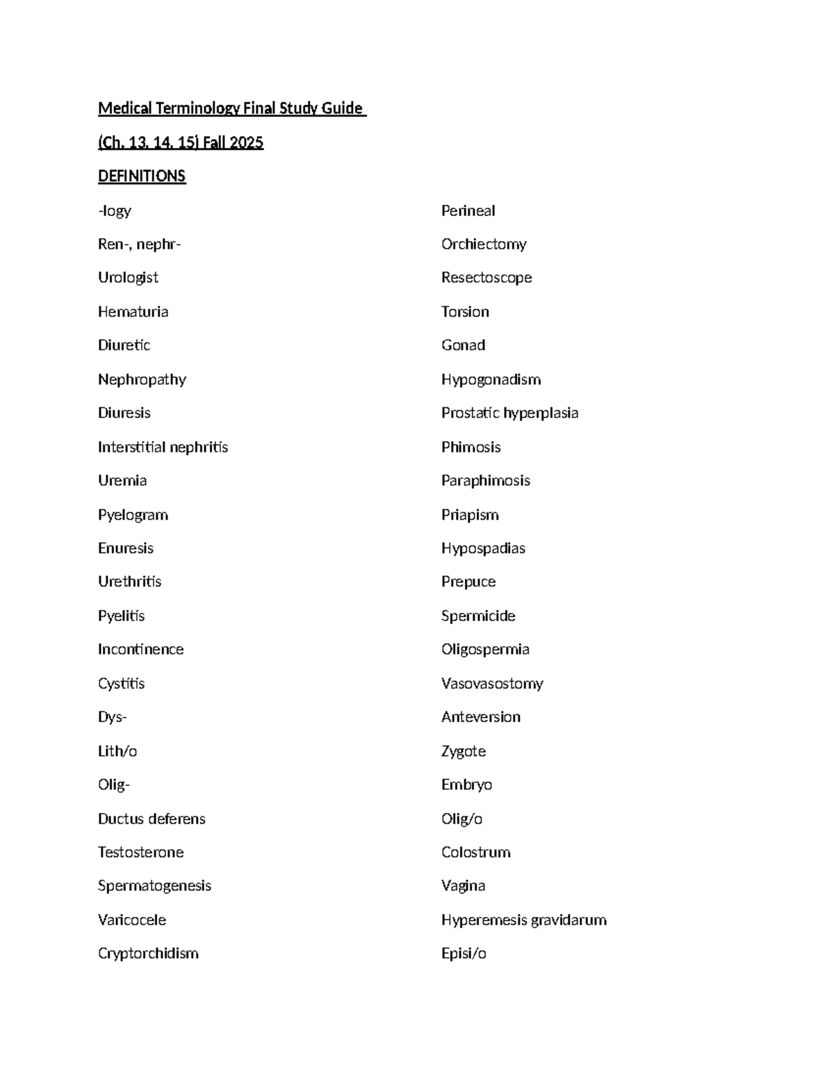 Medical Terminology Final Study Guide (Ch. 13-15) F 2025 - Studocu