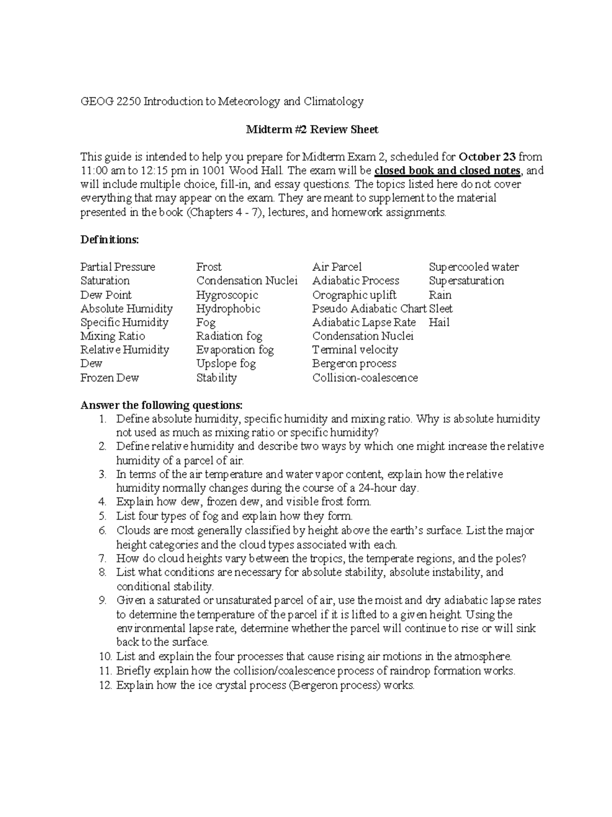 GEOG 2250 Midterm Exam 2 Review Sheet - Meteorology & Climatology - Studocu