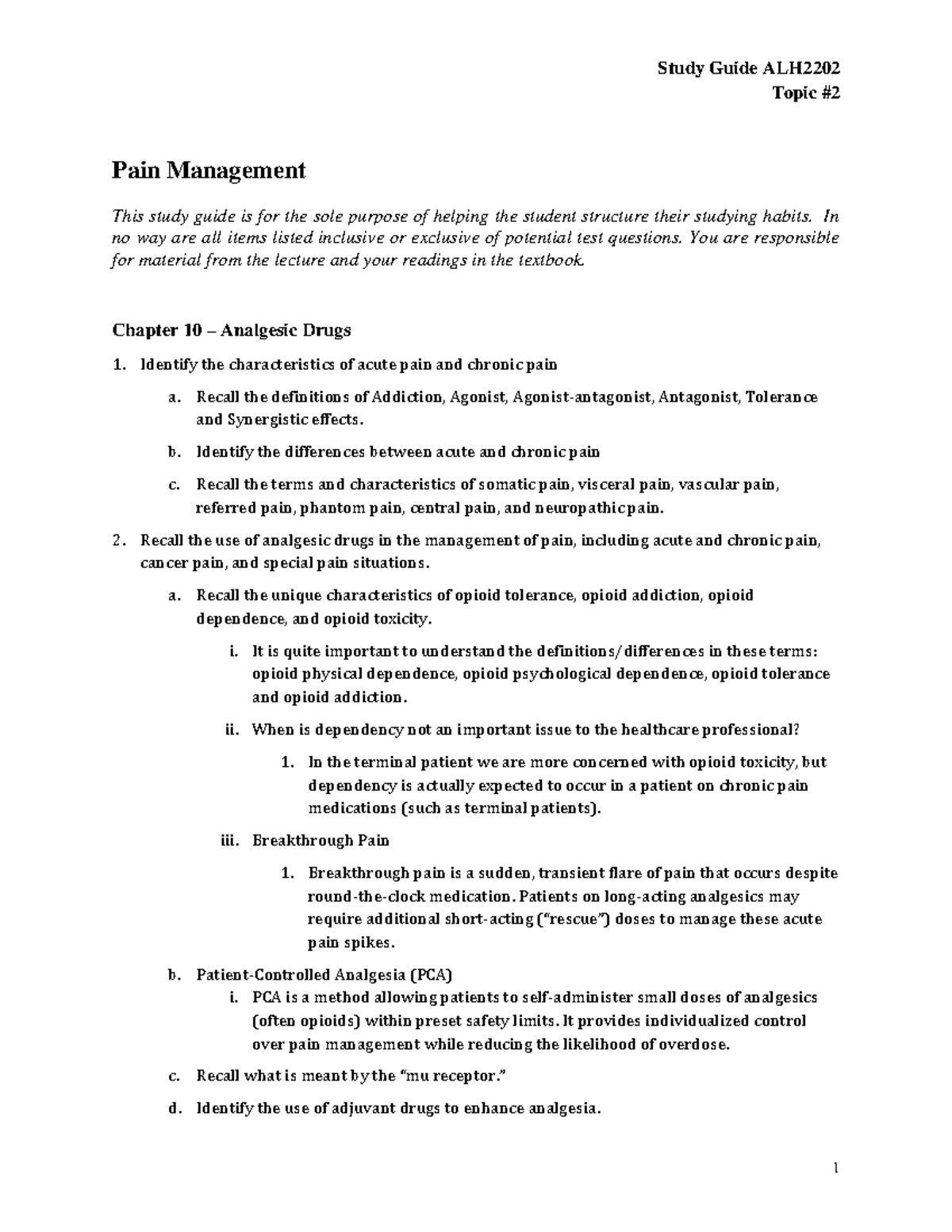 Study Guide for Pain Management - ALH2202 Topic 2 Overview - Studocu