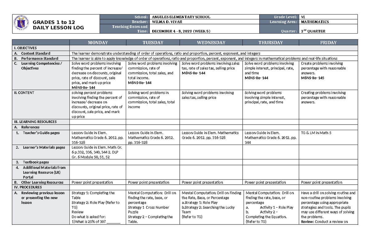 DLL Mathematics 6 Q2 W5 - It is helpful - GRADES 1 to 12 DAILY LESSON ...