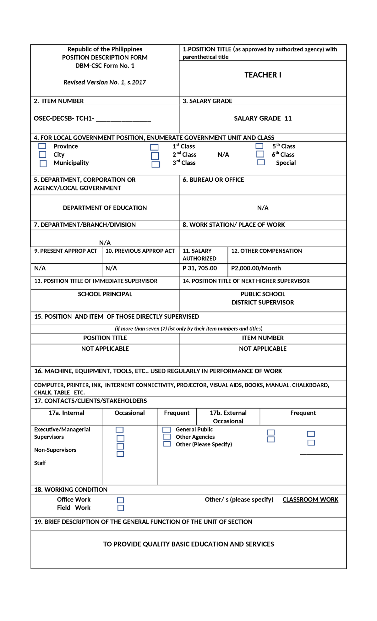 Position Description Form 1: Teacher Roles & Responsibilities (Revised ...