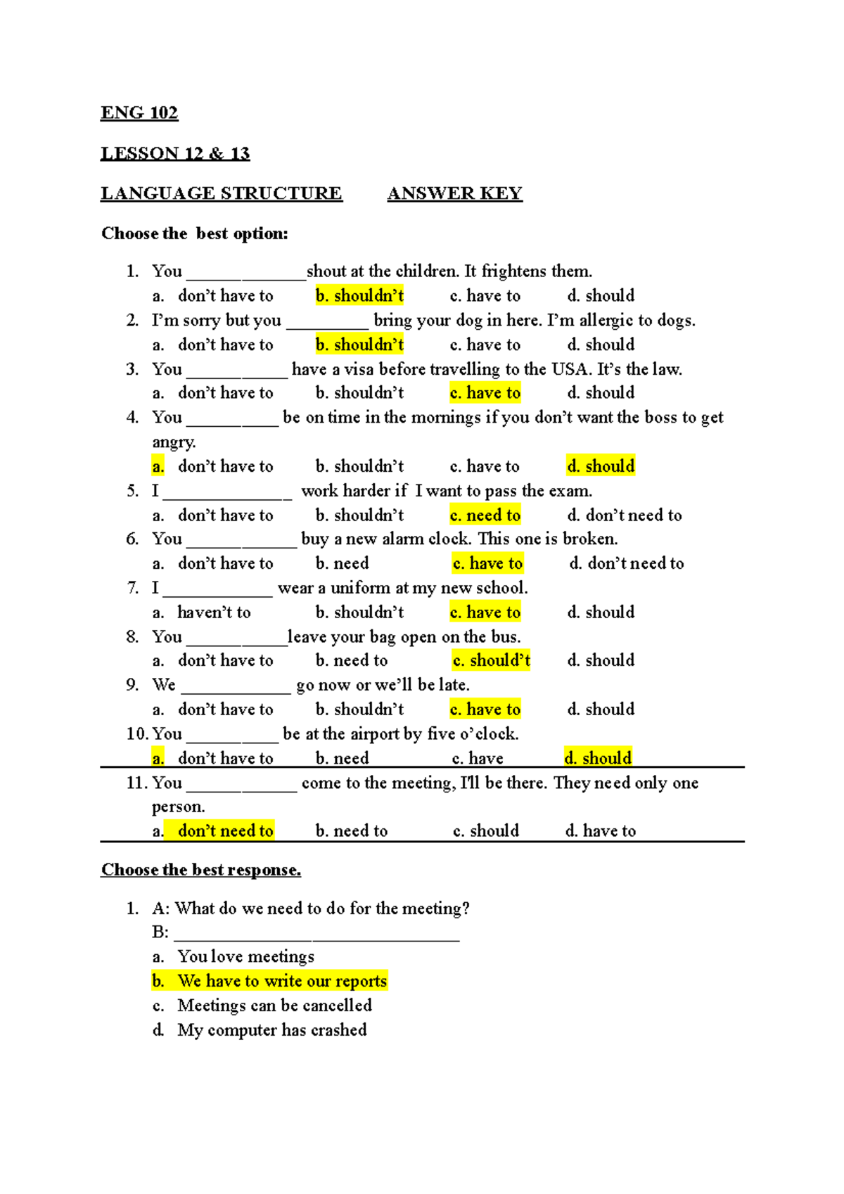 ENG 102 Lesson 12 & 13 Grammar Structure Answer Key - Studocu