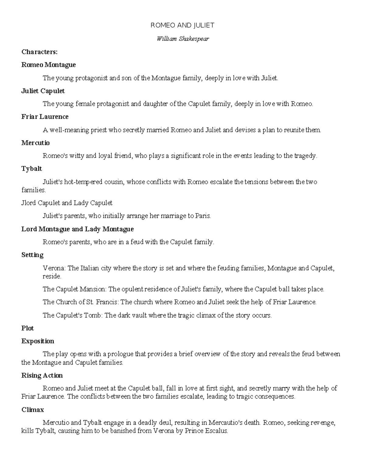 ROMEO AND JULIET (ENG 101) Character and Plot Analysis - Studocu