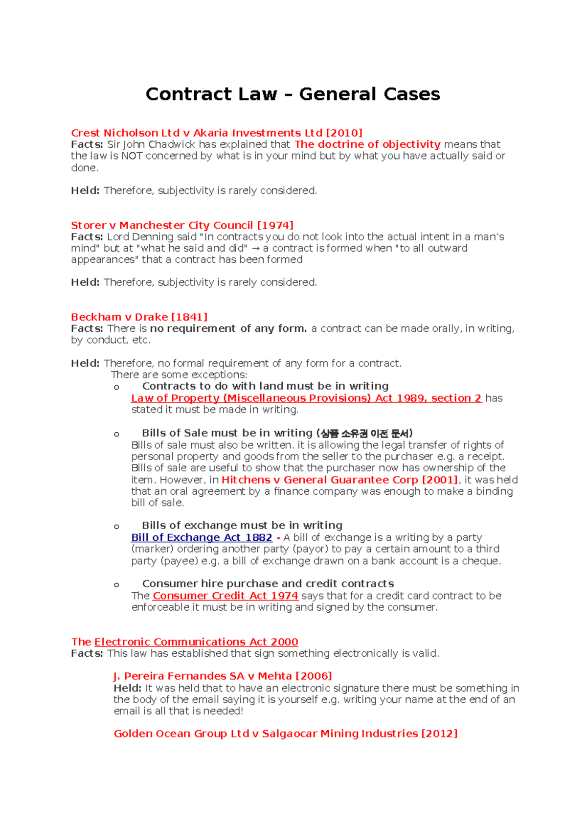 Contract Law Case Summaries: Key Principles and Judgments - Studocu