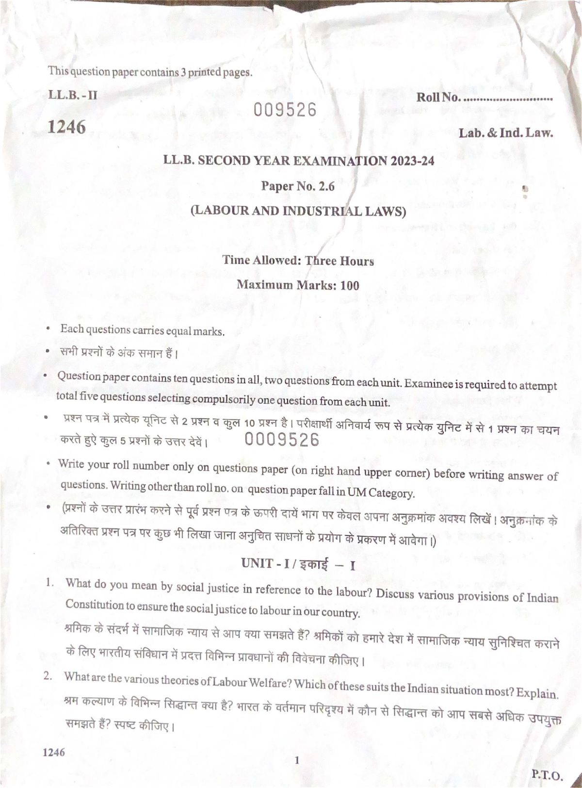 LL.B. 1246 Second Year Exam: Labour and Industrial Laws Paper 2.6 - Studocu
