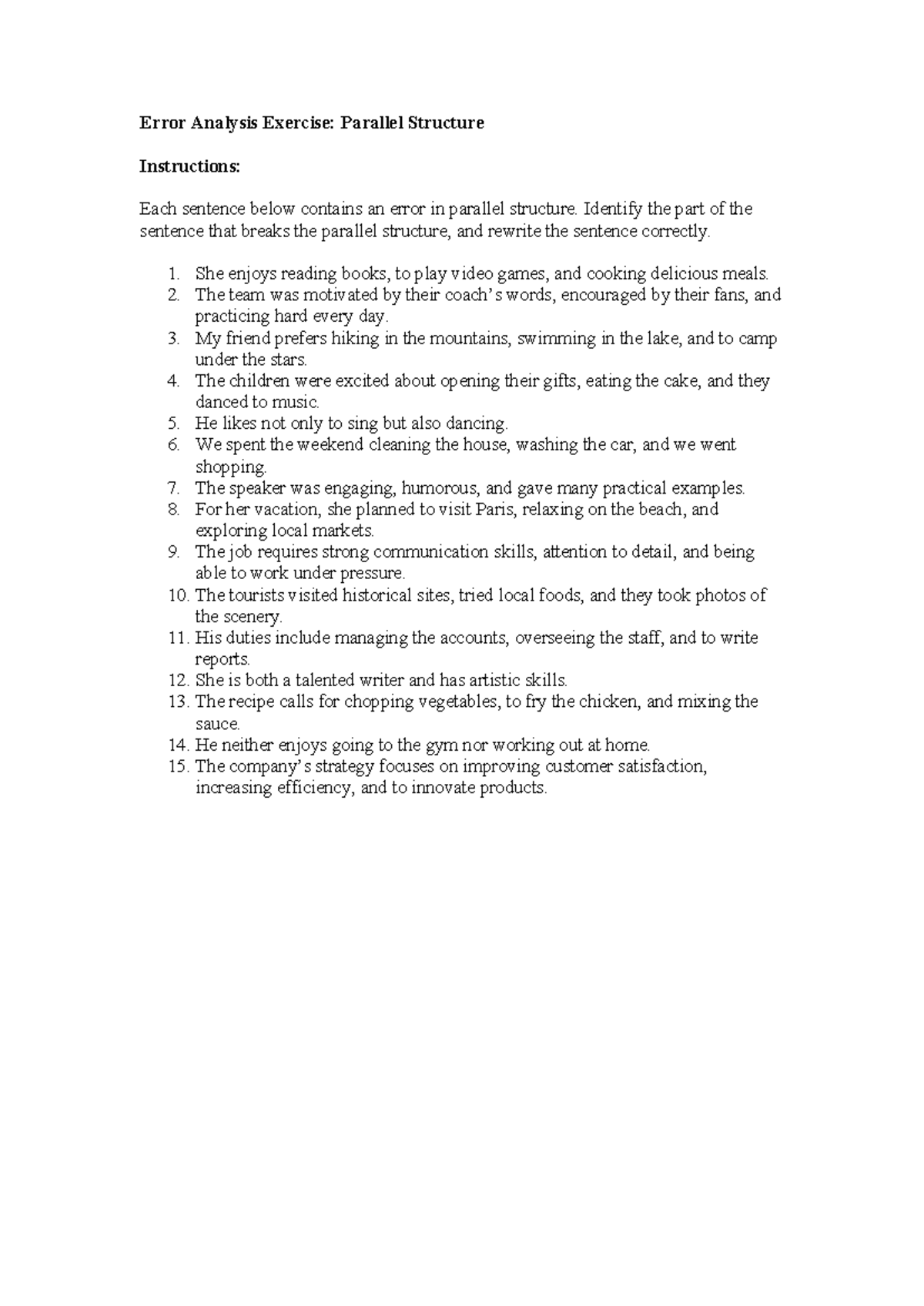 Parallel Structure Error Analysis Exercise (ENG 101) - Studocu