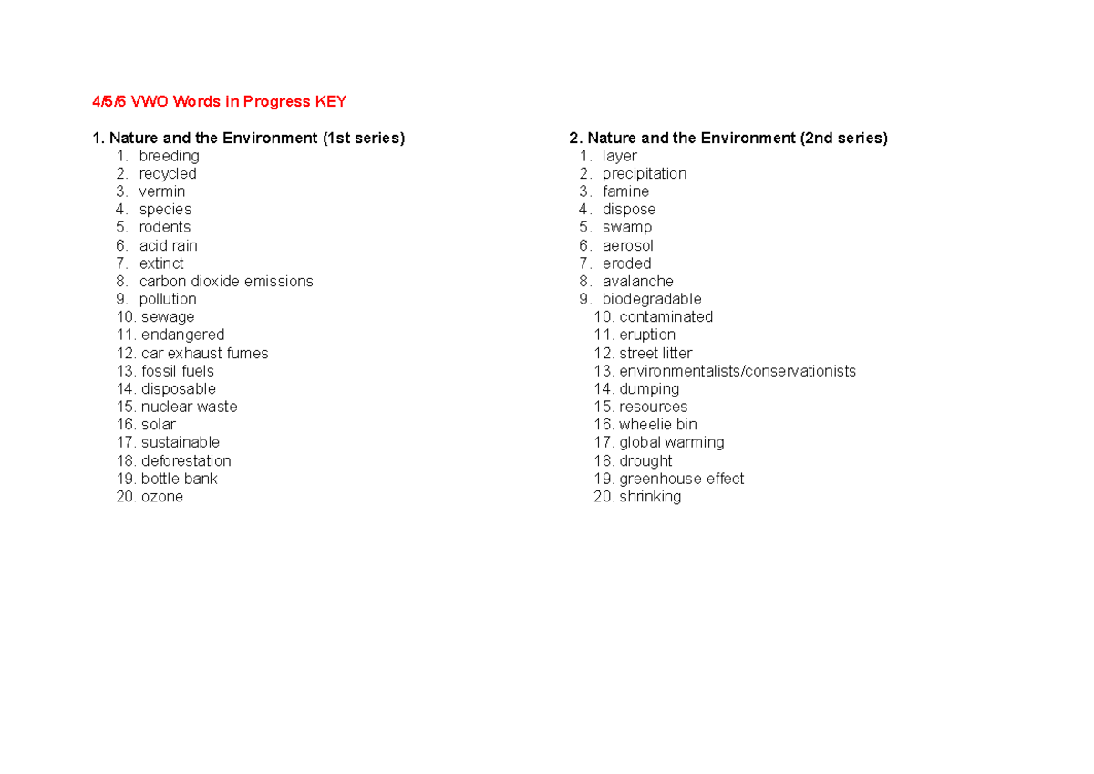 4 V WIP Ex. 1-25 Word Key for Nature, Health, War, and Education ...