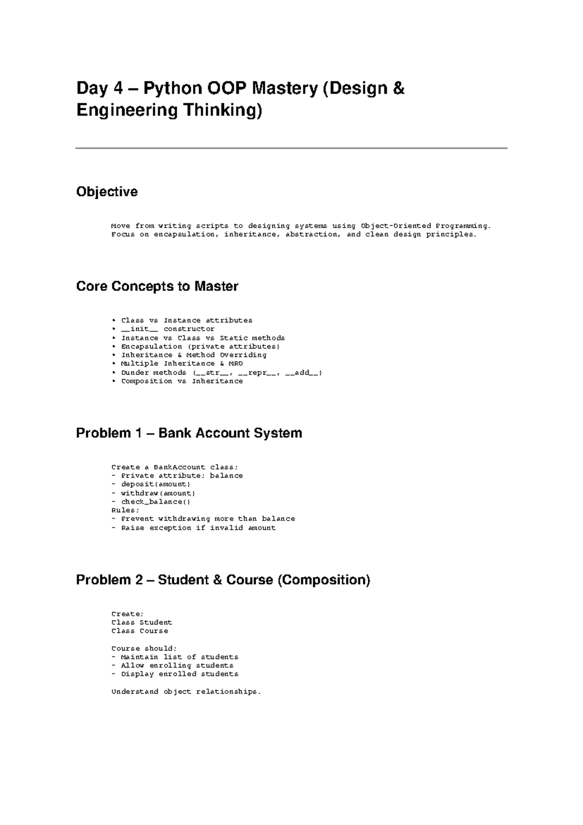 Day 4 Python OOP Mastery: Key Concepts & Mini Projects - Studocu