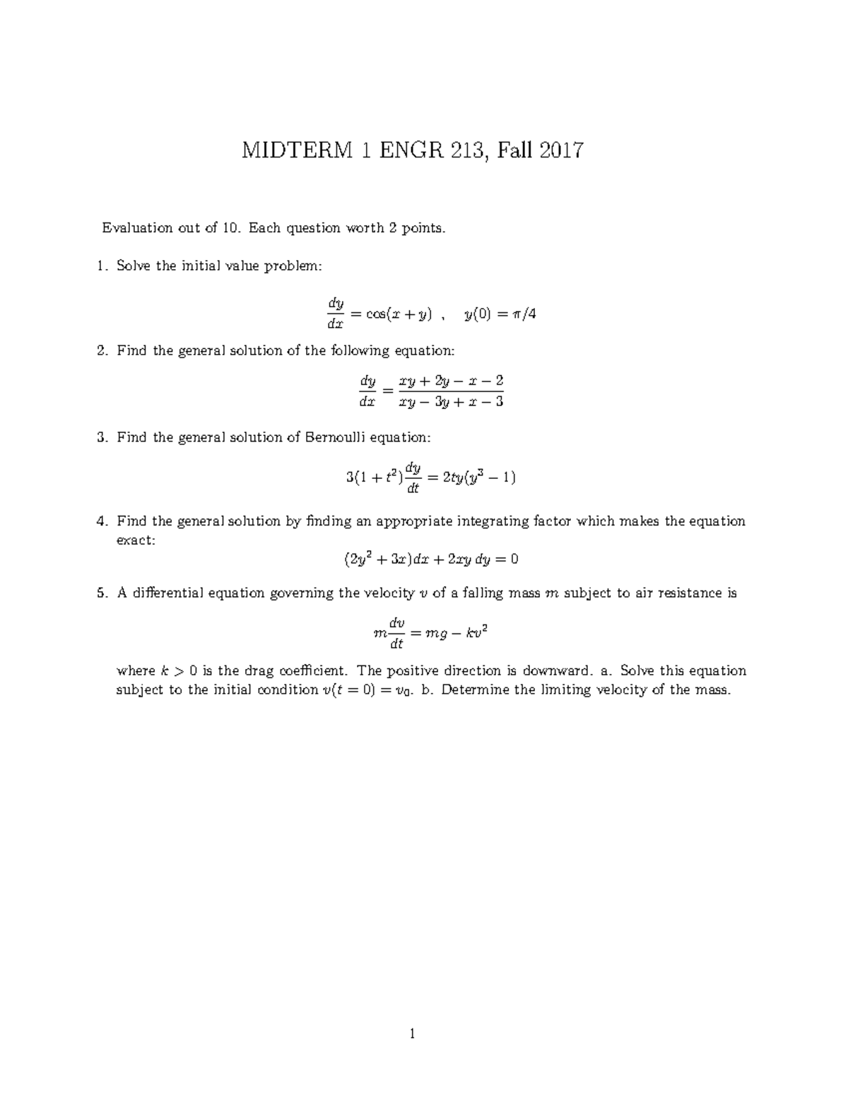 ENGR213 Midterm 1 2017 - Questions - MIDTERM 1 ENGR 213, Fall 2017 ...