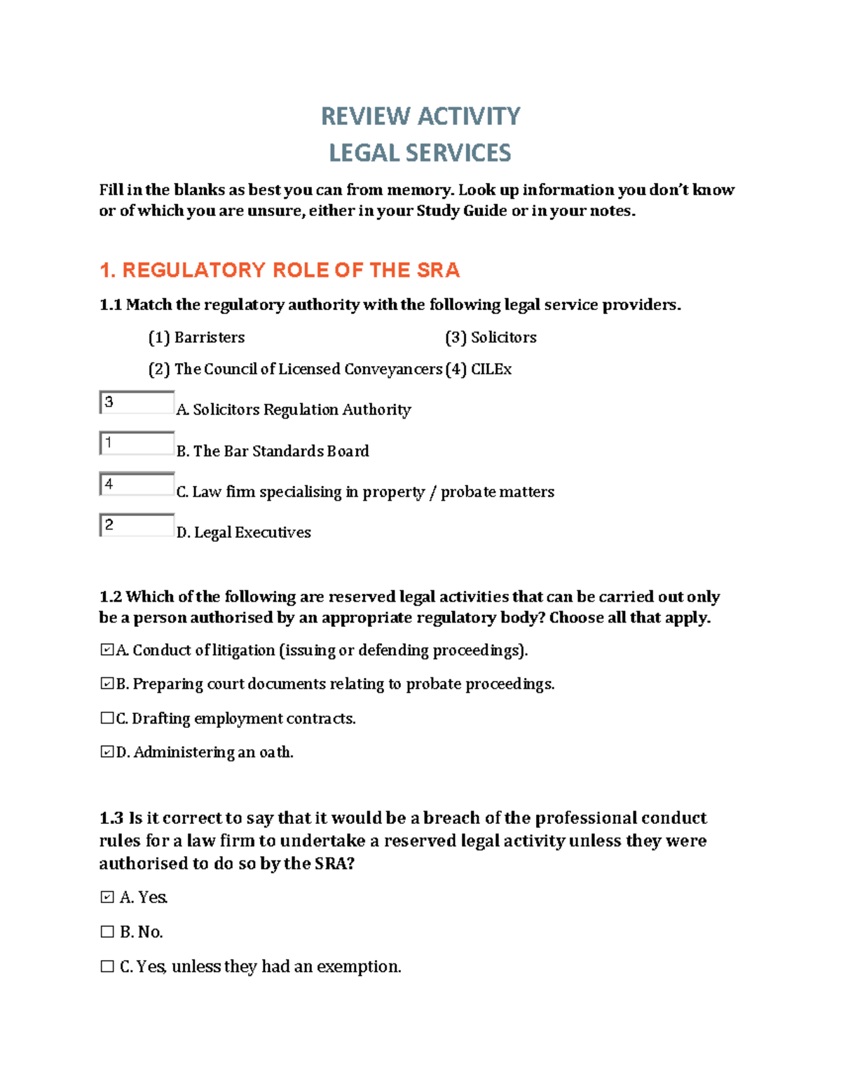 REVIEW ACTIVITY: LEGAL SERVICES REGULATIONS AND FUNDING - Studocu