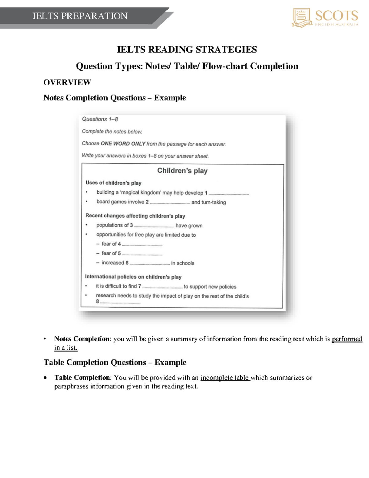 IELTS PREPARATION: Reading Strategies for Completion Questions - Studocu