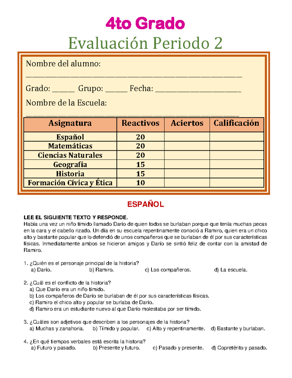 Examen Segundo Trimestre 4to Grado - Evaluación de Asignaturas - Studocu