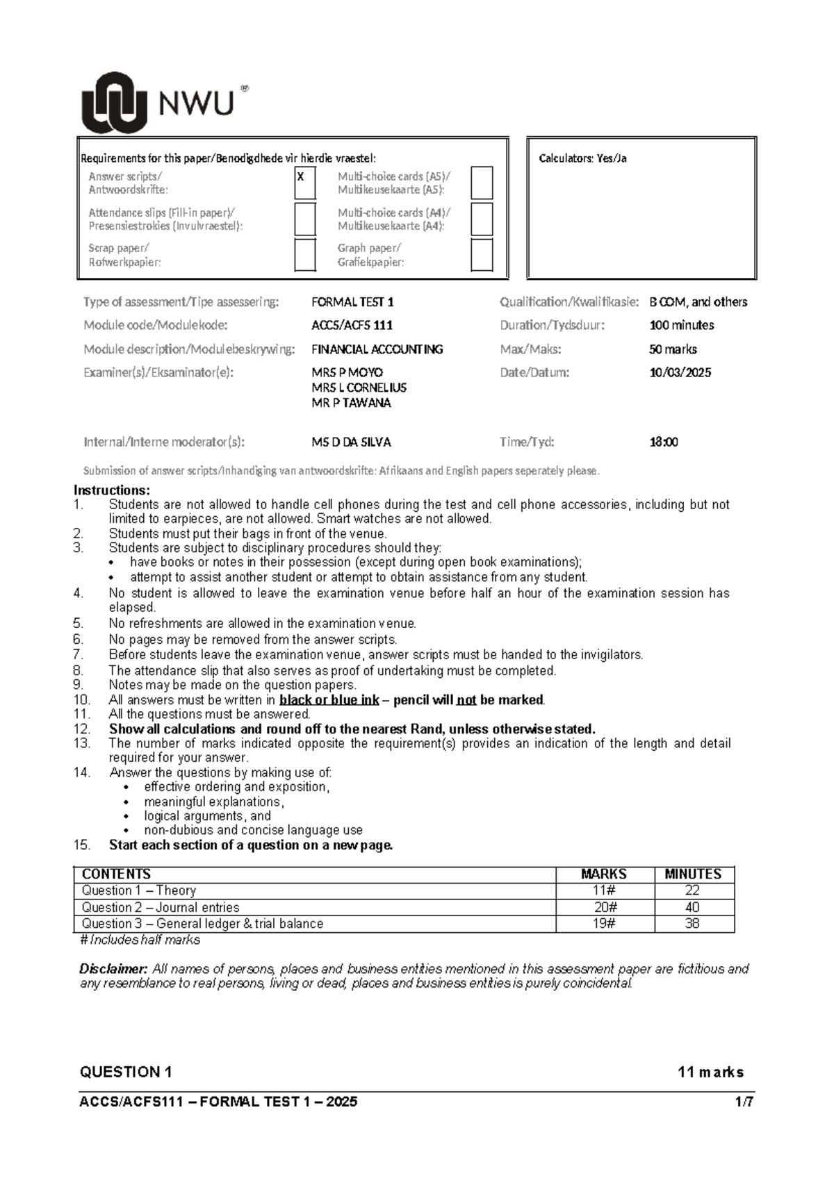 2025 ACCS111 Formal Test 1: Financial Accounting Requirements and ...