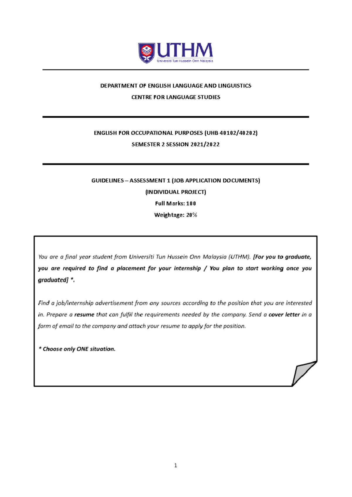 UHB 40102/40202 – Assessment 1: Job Application Documents Guidelines ...