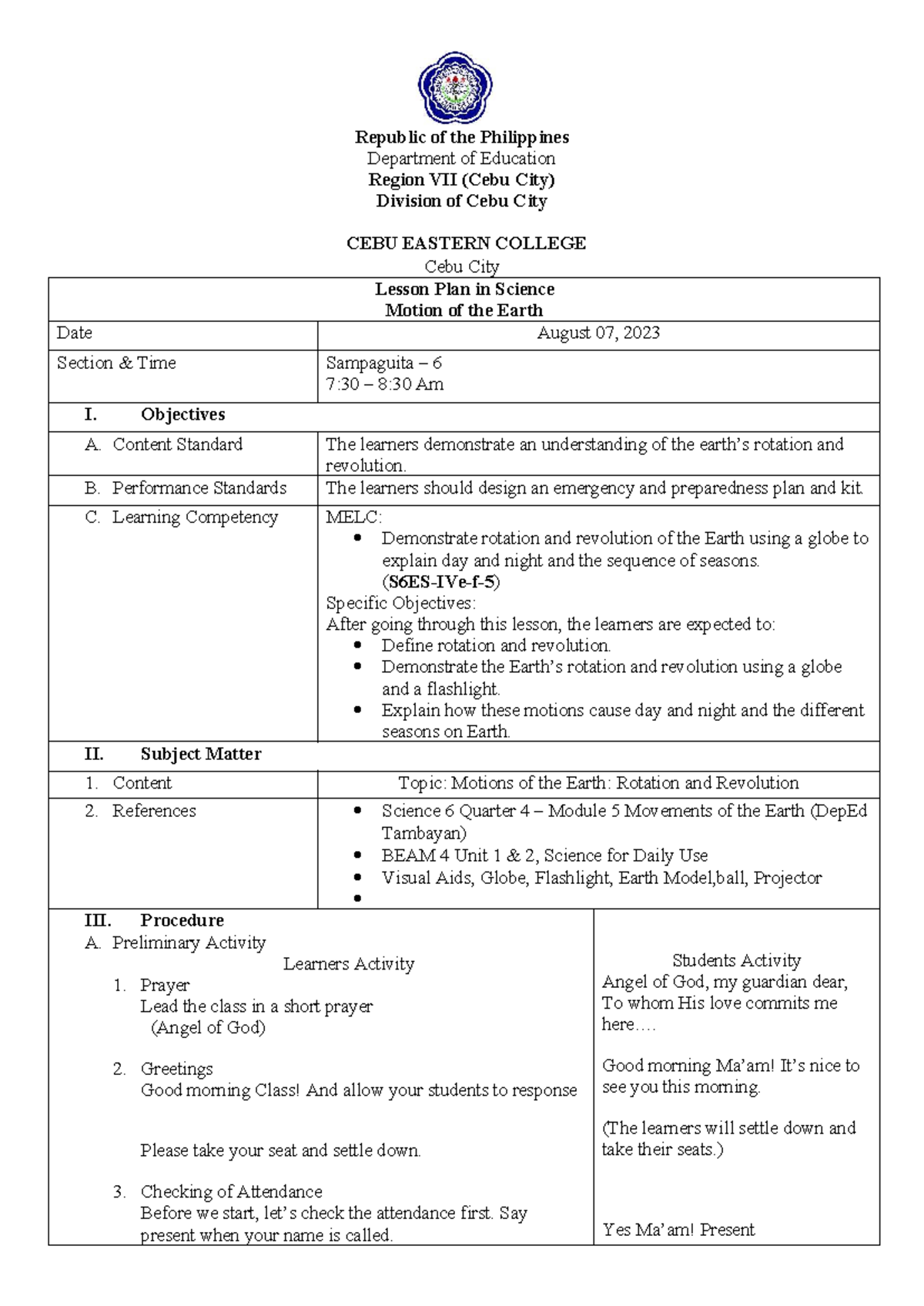 Group 3 A4 Lesson PLAN MWF 11 30 - 12 30 - Republic of the Philippines ...