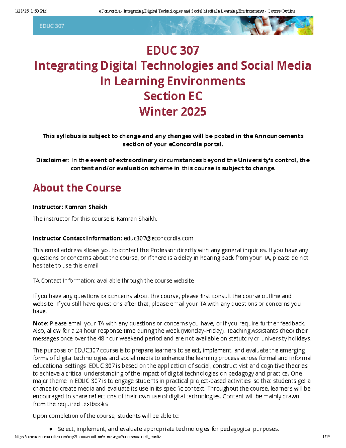 EDUC 307 Course Outline: Integrating Digital Technology in Winter 2025 ...