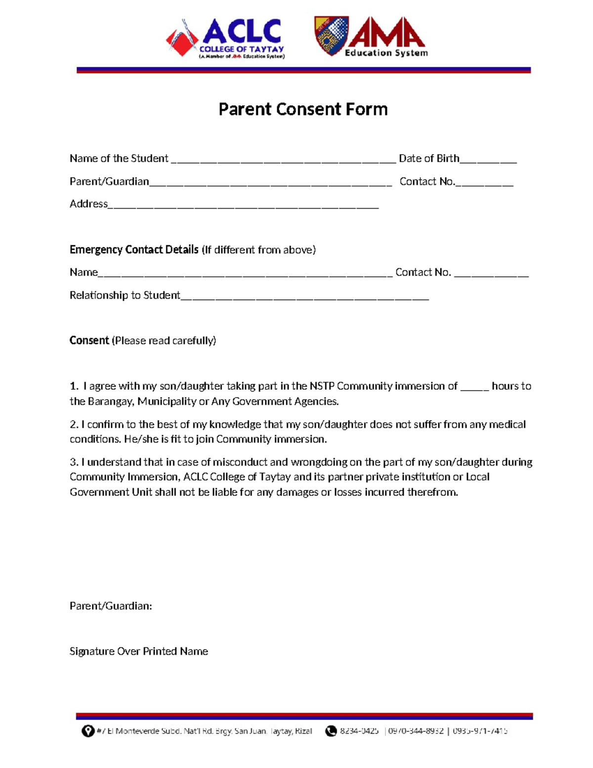 NSTP Community Immersion Parent Consent Form - Studocu