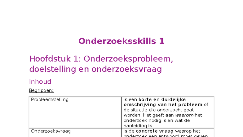 Onderzoeksskills 1: Samenvatting Hoofdstuk 1 - Probleemstelling en ...