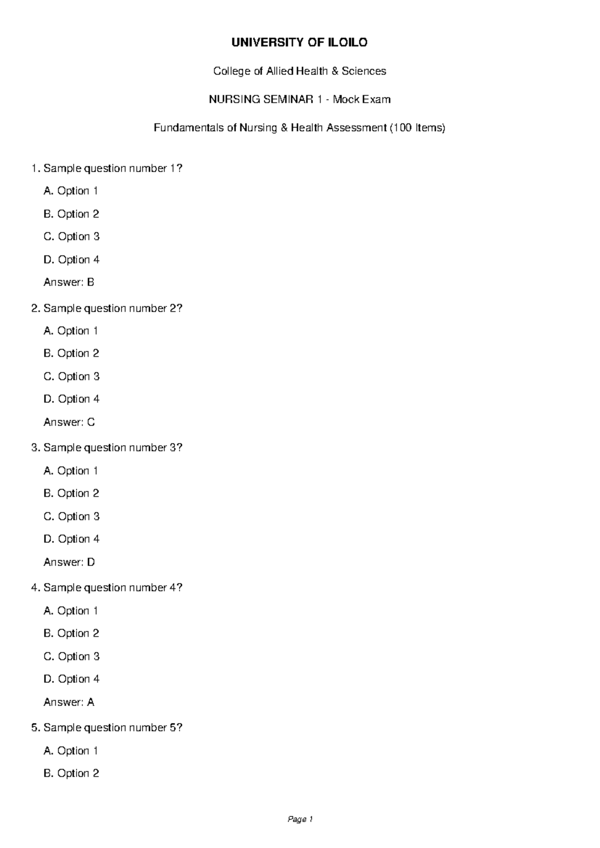 NURSING SEMINAR 1 Mock Exam: Fundamentals of Nursing (100 Items) - Studocu