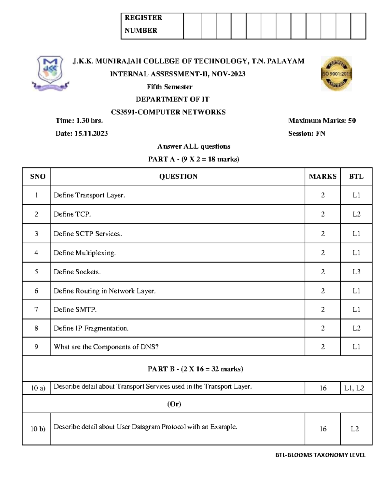 SET 1 CN - Nil - BTL-BLOOMS TAXONOMY LEVEL REGISTER NUMBER J.K ...