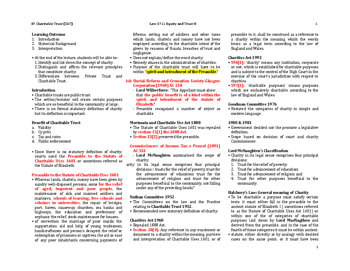 Law 3711 - 07 Charitable Trust: Understanding Equity and Trust II - Studocu