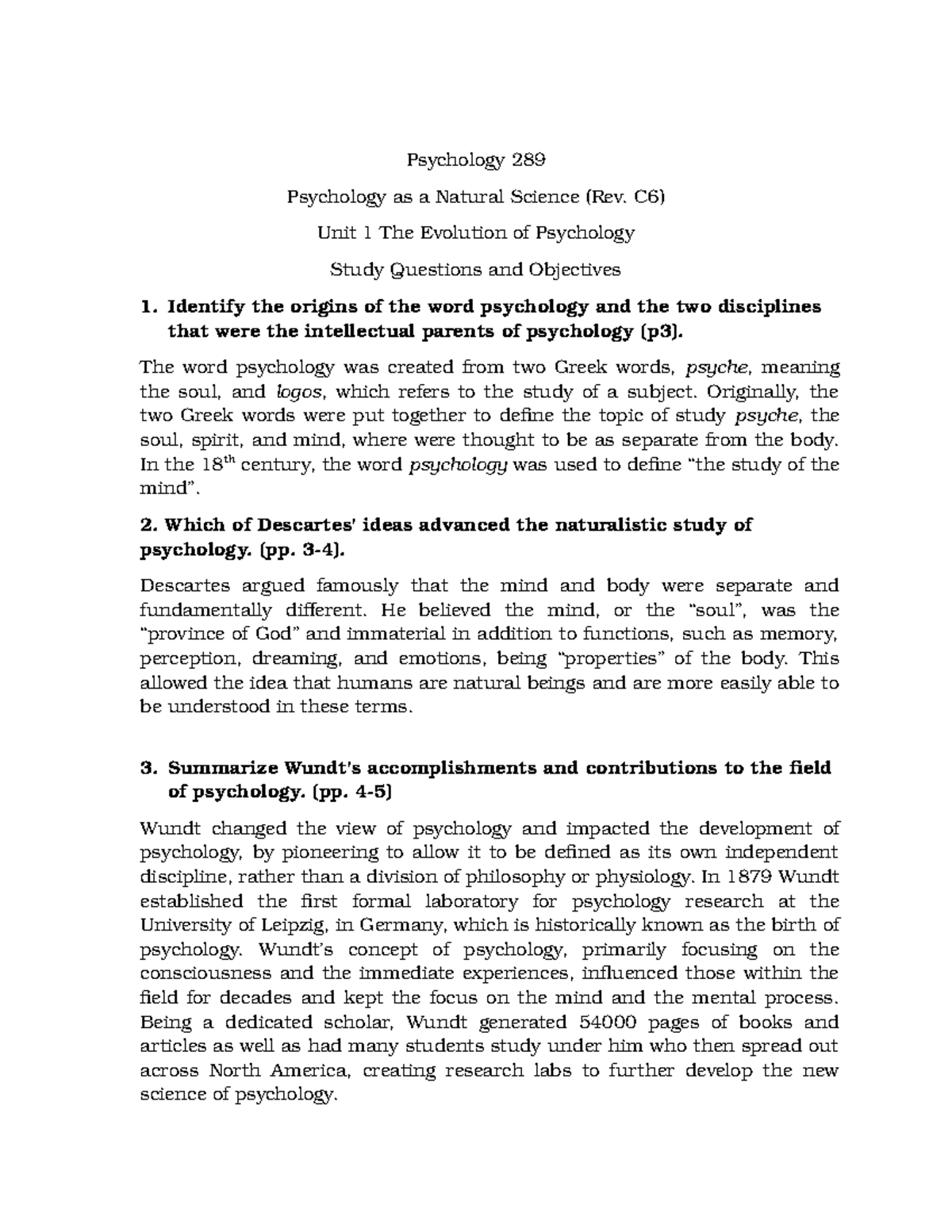 Psychology 289 - Unit 1 Lecture Notes: The Evolution of Psychology ...
