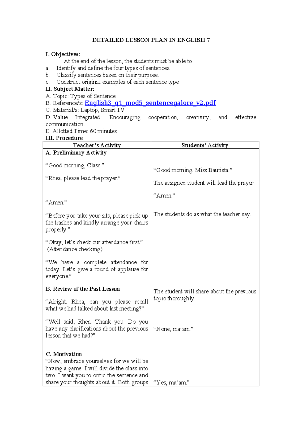 Detailed Lesson Plan: Types of Sentences for English 7 - Studocu