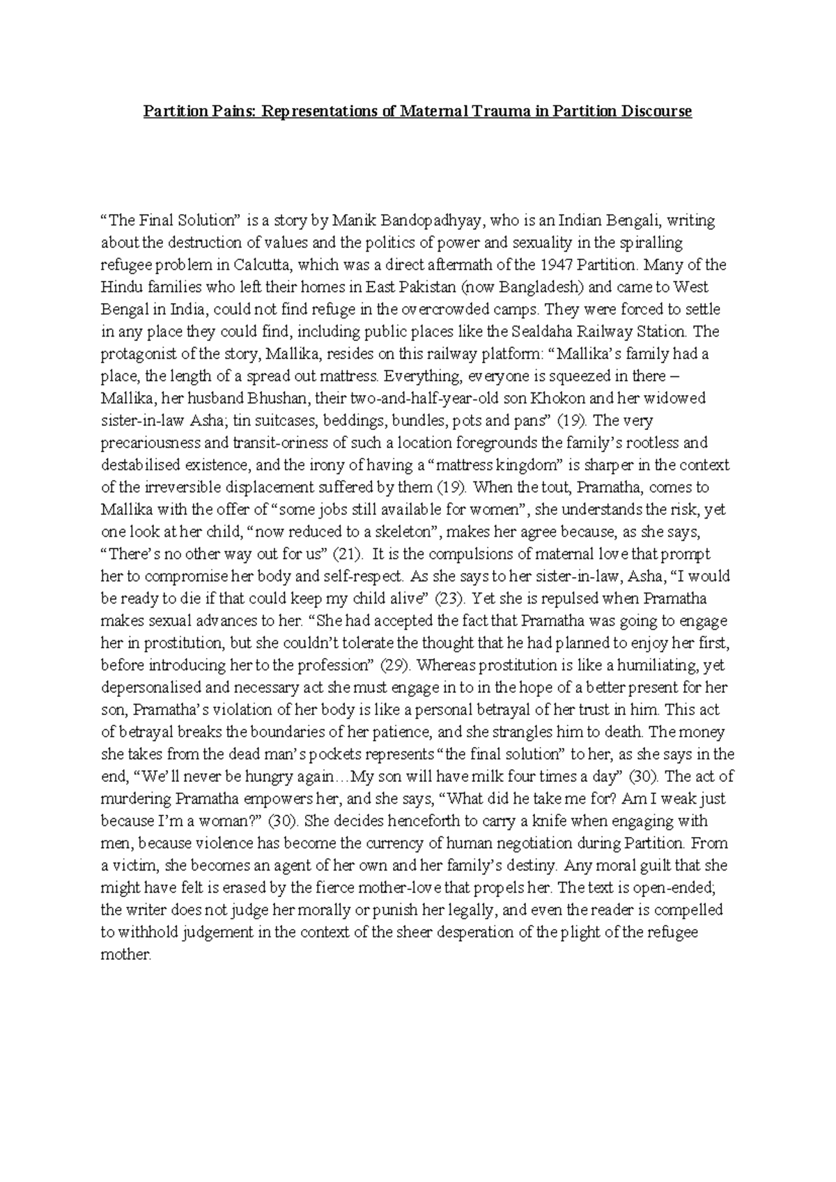 508994471 Final Solution: Maternal Trauma in Partition Discourse - Studocu