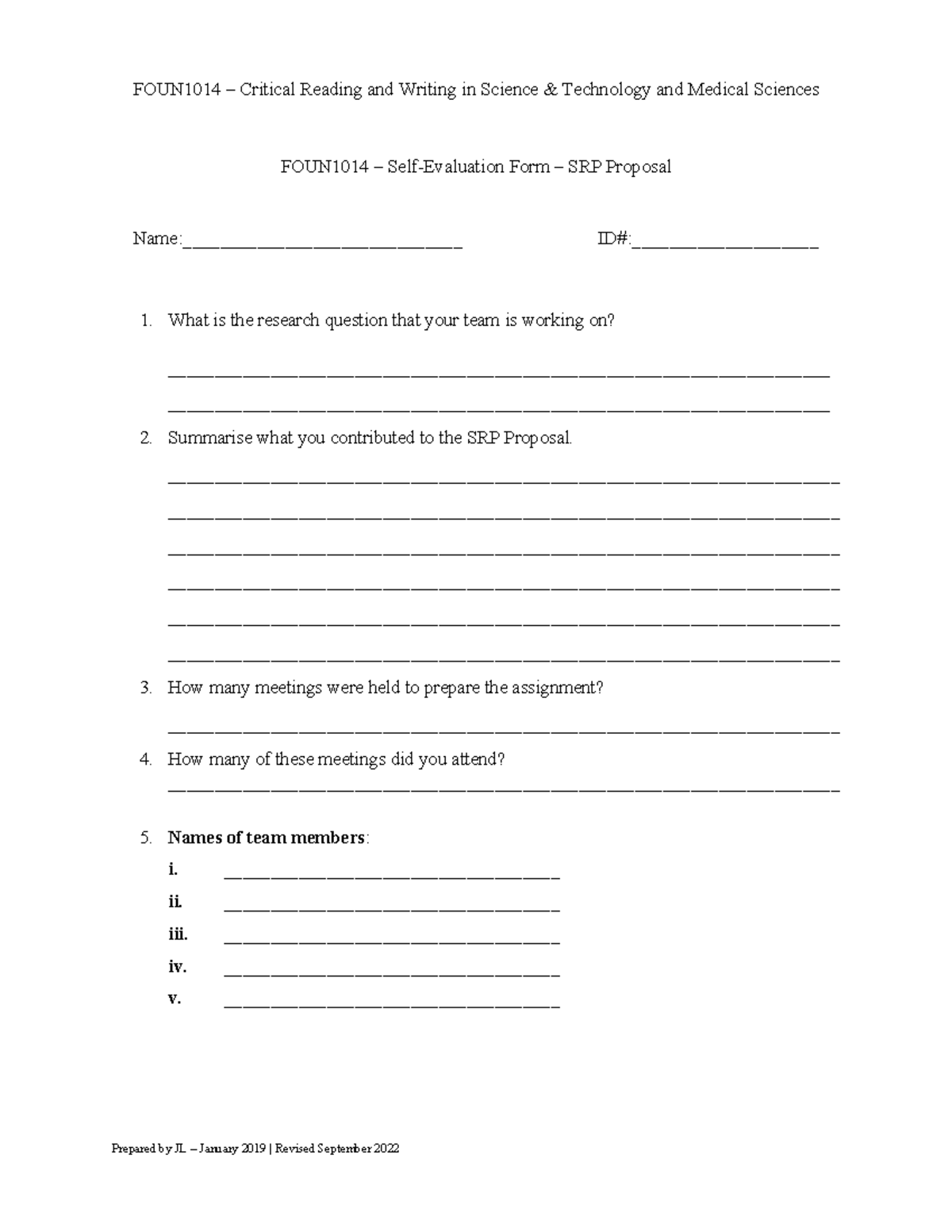 FOUN1014 - Self-Evaluation Form for SRP Proposal (Revised) - FOUN1014 ...