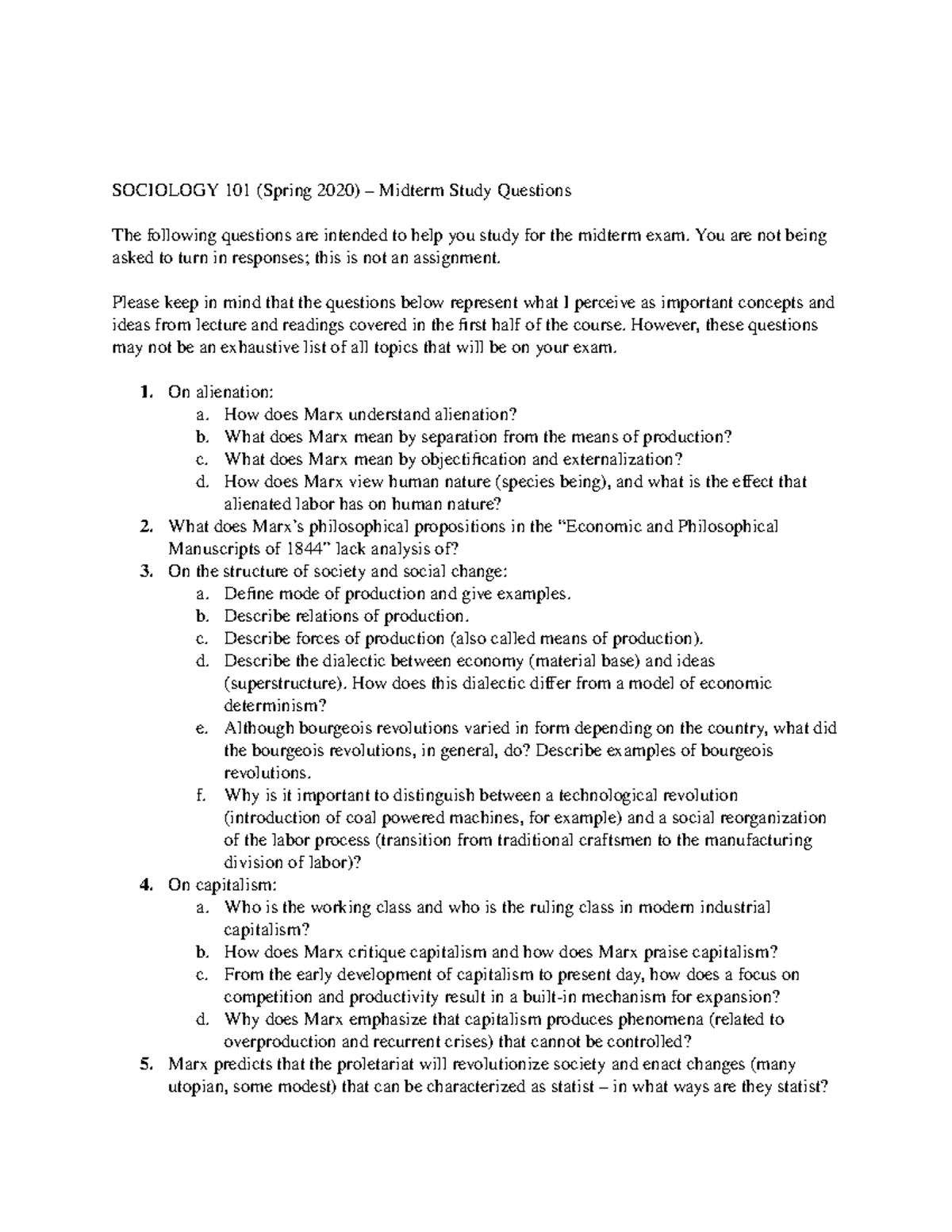 SOC 101 - Study Questions - SOCIOLOGY 101 (Spring 2020) – Midterm Study ...