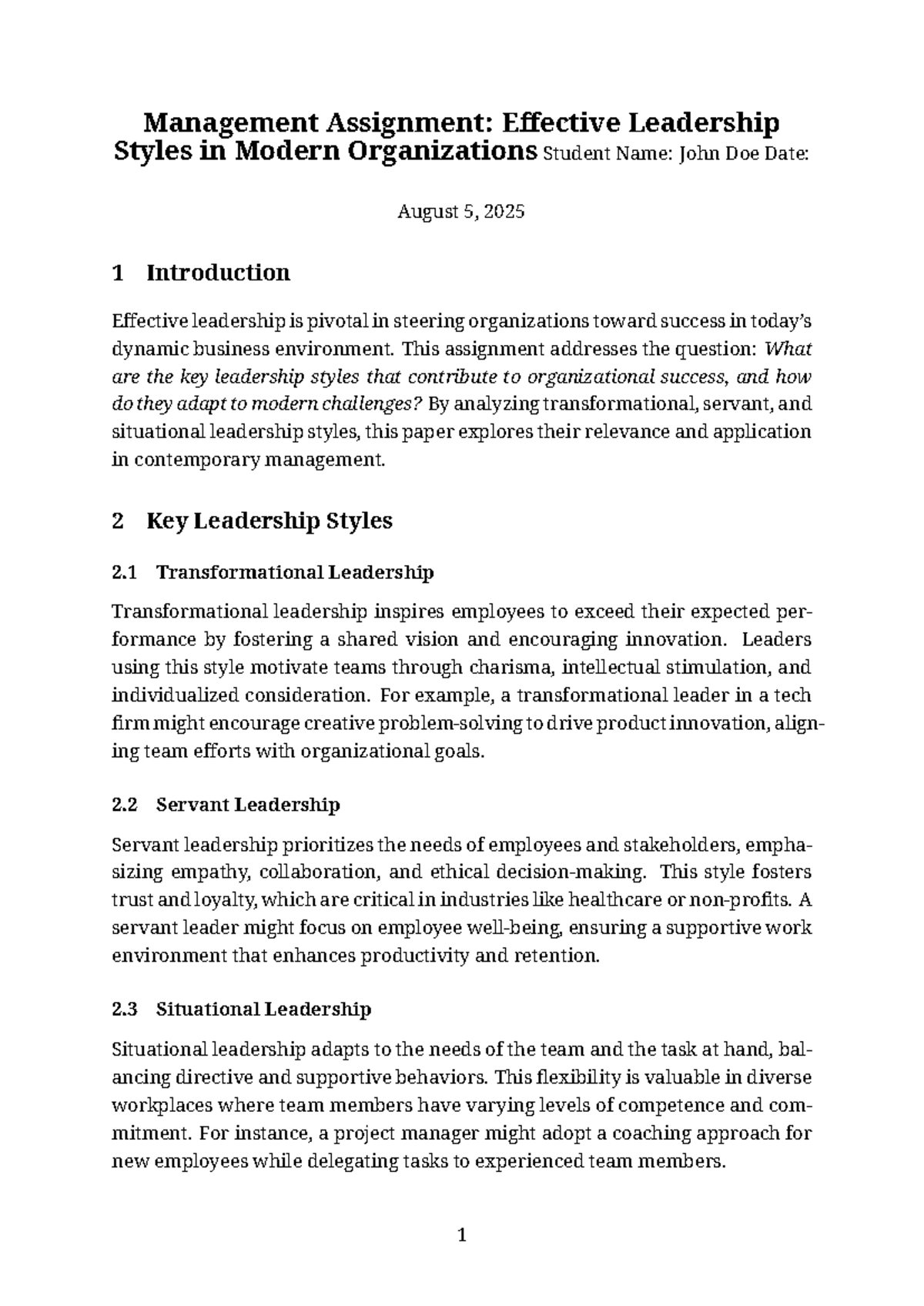 Management Assignment: Leadership Styles for Modern Organizations - Studocu