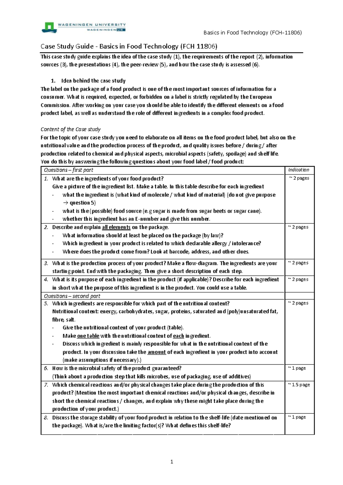 Case Study Guide: Basics in Food Technology (FCH 11 806) - Studeersnel